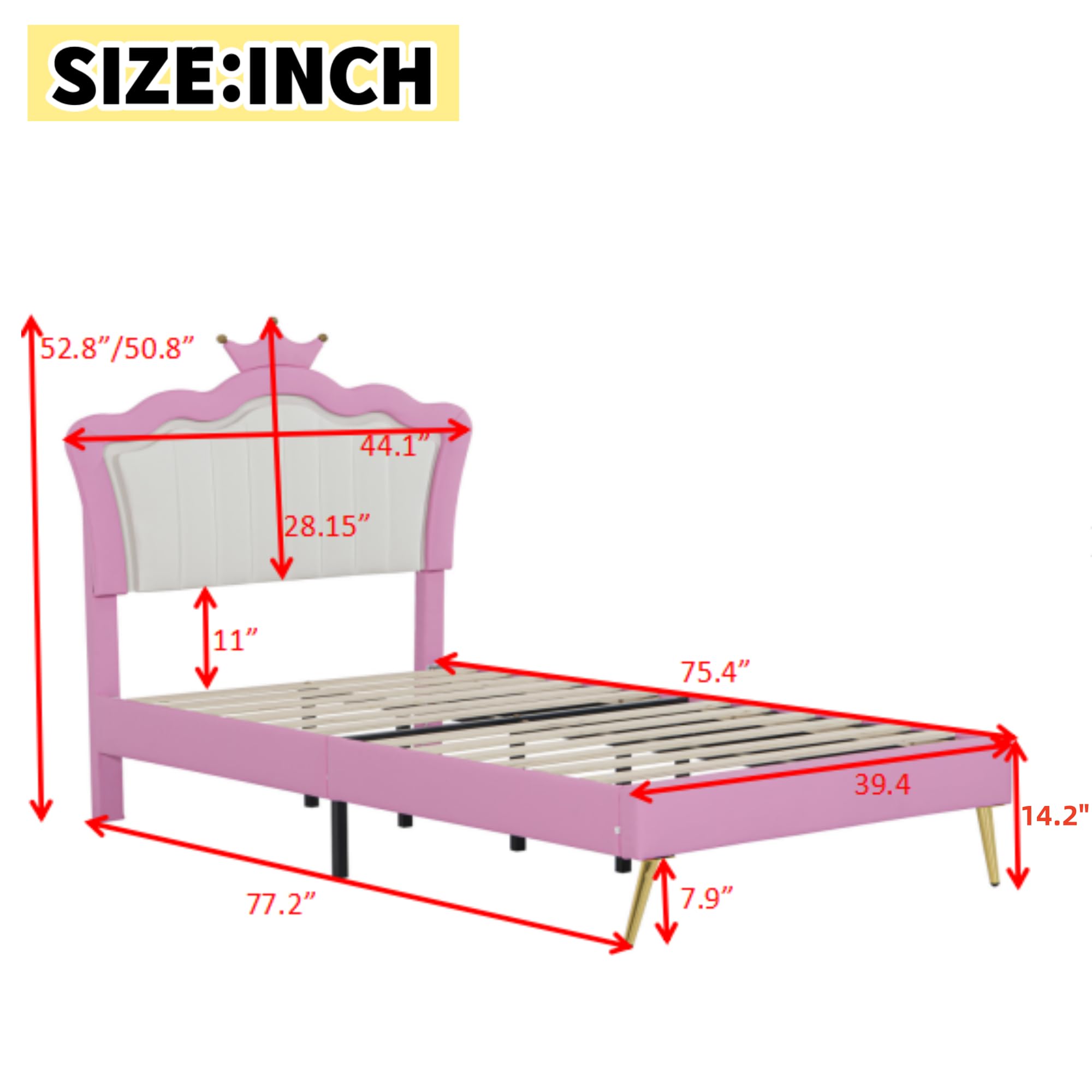 Linique Twin Size Upholstered LED Bed Frame with Crown Headboard - Modern Princess Bed in Pink & White | Perfect for Girls' Bedroom, Teen Room Decor & Fairy Tale Themed Spaces