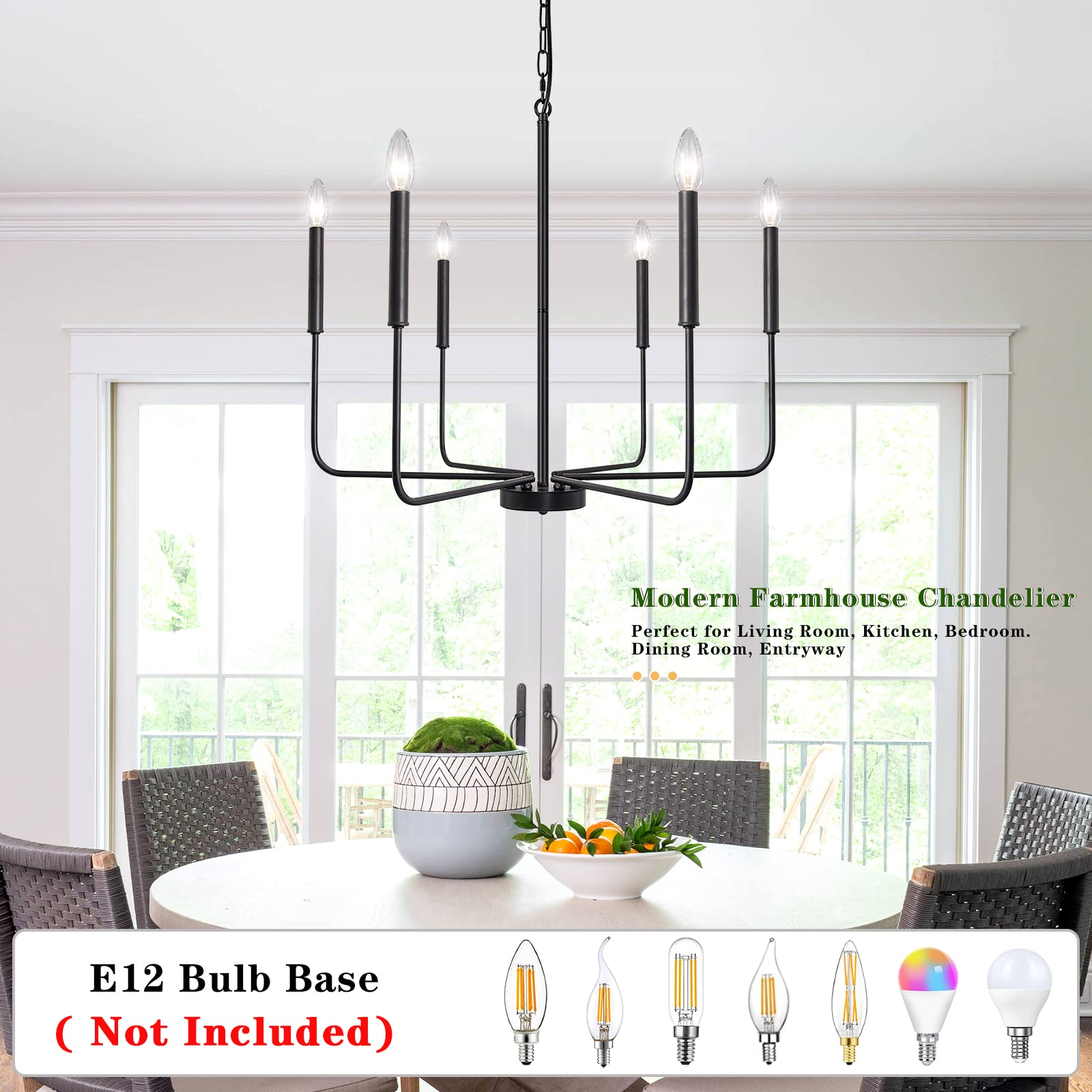 LJHhowe 6-Light Black Chandelier Ceiling Light Fixture - Farmhouse Style Dining Room Pendant Lighting for Kitchen, Bedroom, Living Room & Foyer | Perfect for Rustic Home Decor and Elegant Interior Design