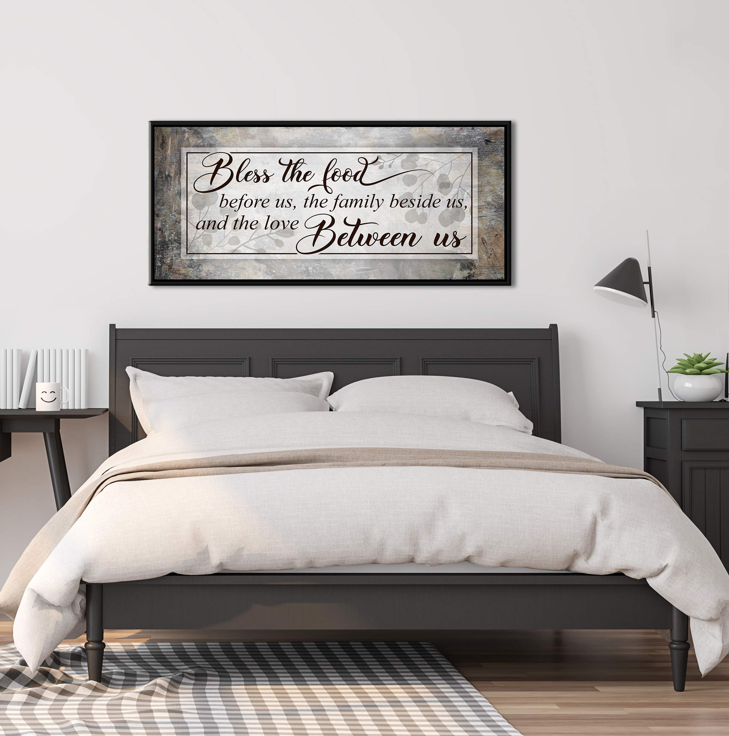 Bless The Food Sign - Christian Wall Decor for Dining Room & Kitchen - Large Canvas Wall Art with Floating Frame - Family Home Décor (Grey/Brown/Black, 42x19) - Perfect for Farmhouse, Rustic & Modern Interior Design