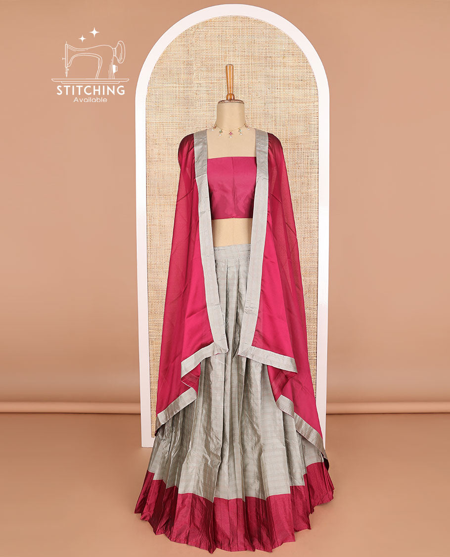 Beige Checked Poly Cotton Half Saree with Contrast Border - Plain Blouse & Checked Dhavani | Indian Traditional Outfit for Festivals, Weddings & Cultural Events