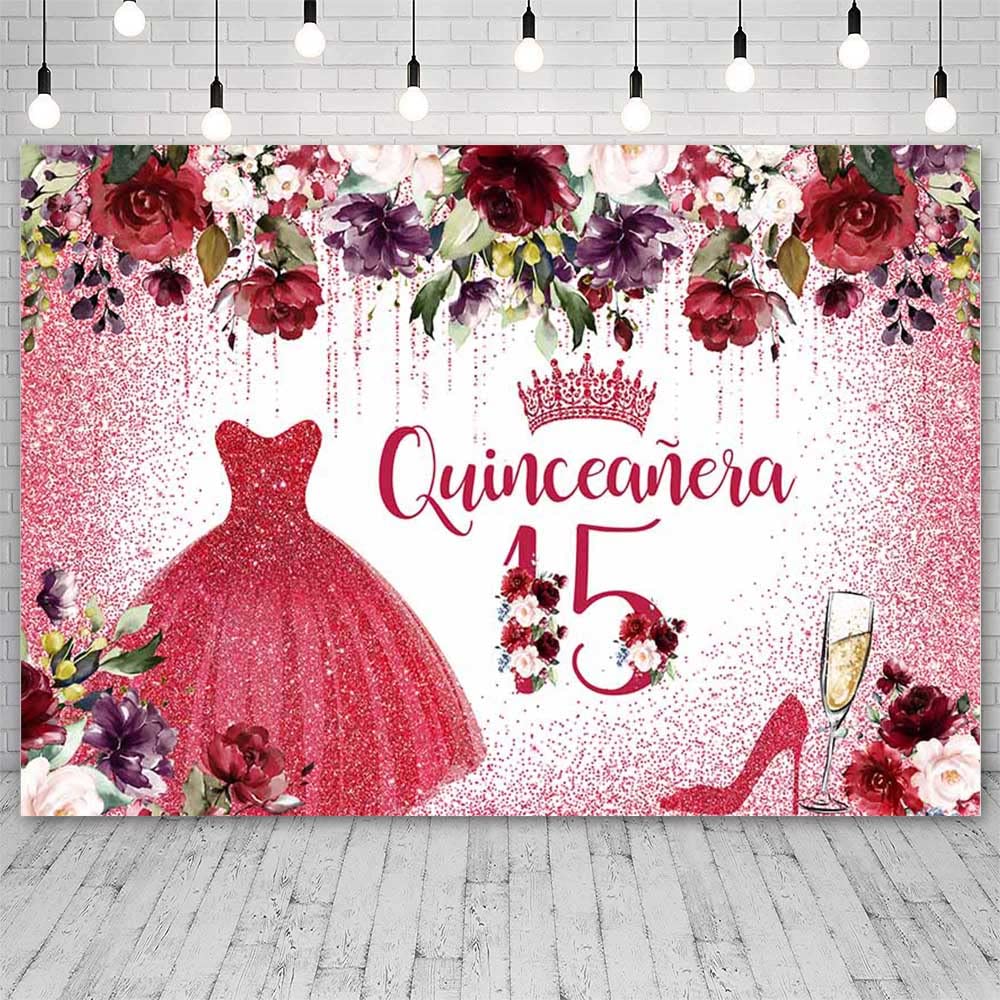 7x5ft Happy 15th Birthday Backdrop for Girls - Burgundy Red Floral Quinceañera Photography Background with Crown Design | Perfect for Princess Themed Birthday Parties, Cake Tables, and Celebration Decorations (CQ307)