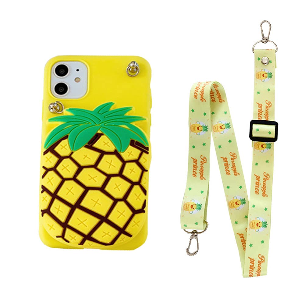 Samsung Galaxy A42 5G Phone Case - Cute 3D Pineapple Design Crossbody Wallet Case with Card Pouch, Detachable Lanyard & Kickstand | Shockproof Soft Silicone Cover for Women, Girls | Perfect for Shopping, Travel & Daily Use
