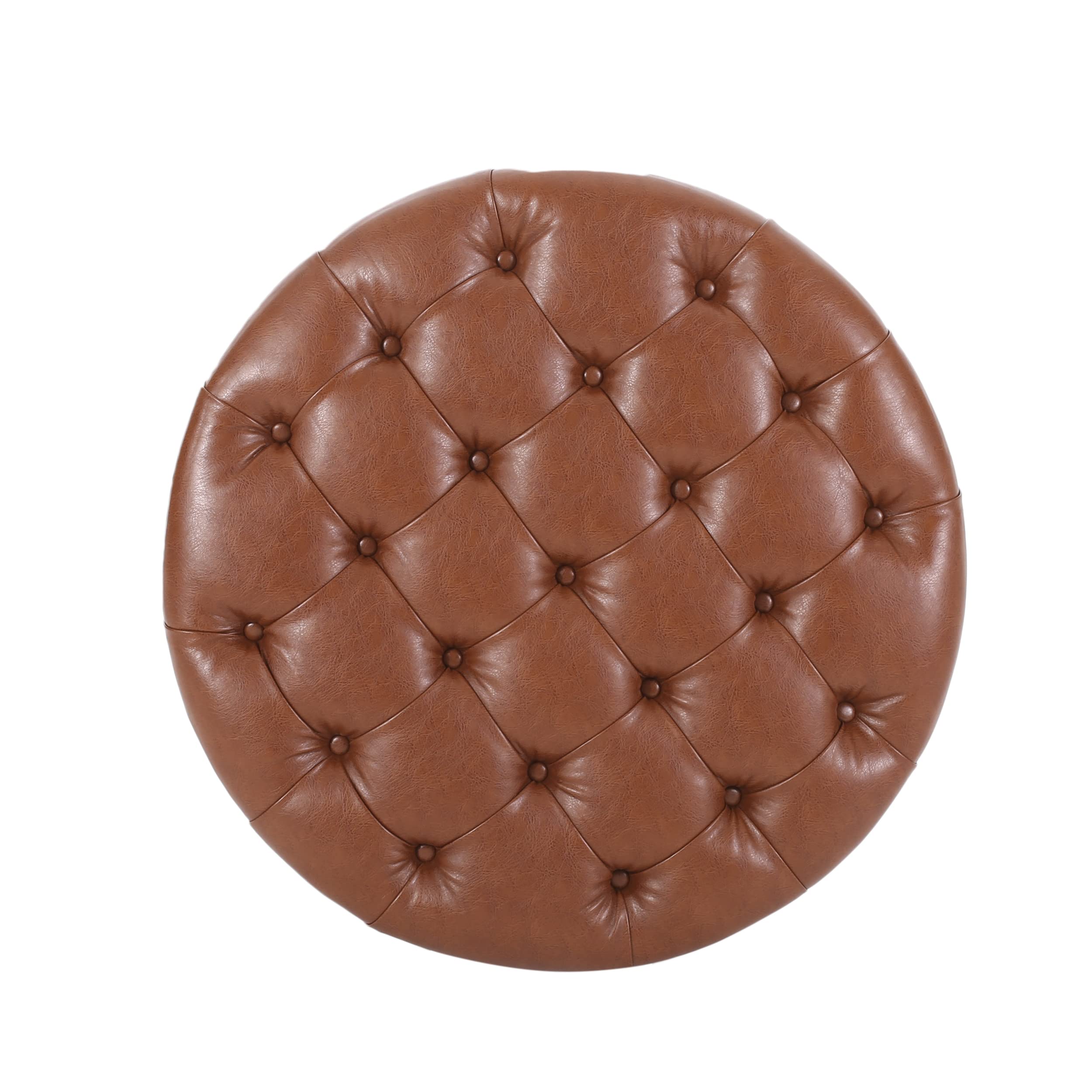 Christopher Knight Home Rumbrook Tufted Round Ottoman with Storage Shelf - Faux Leather Footrest Stool - Cognac Brown/Espresso - Perfect for Living Room, Bedroom & Home Office
