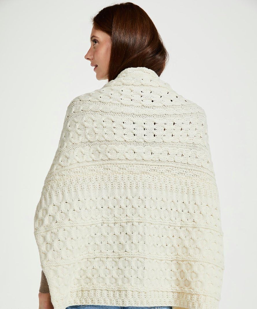 Traditional Irish Wool Shawl - Aran Stitch Pattern, One Size, Natural Beige - Perfect for Winter Warmth, Celtic Weddings & Cozy Home Decor