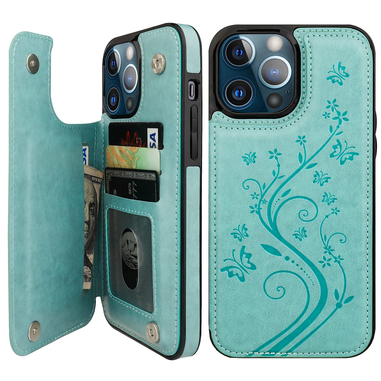 Vaburs iPhone 13 Pro Max Wallet Case with Card Holder - PU Leather Flip Cover with Embossed Butterfly Design, Magnetic Car Mount Compatible, Shockproof Protection for 6.7