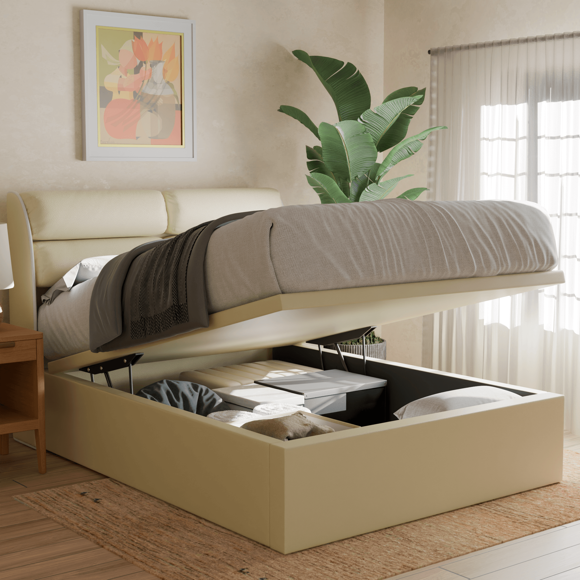 Fobbee Faux Leather Upholstered Storage Bed with Underbed Drawers - Queen Size Platform Bed Frame for Small Spaces & Modern Bedroom Decor