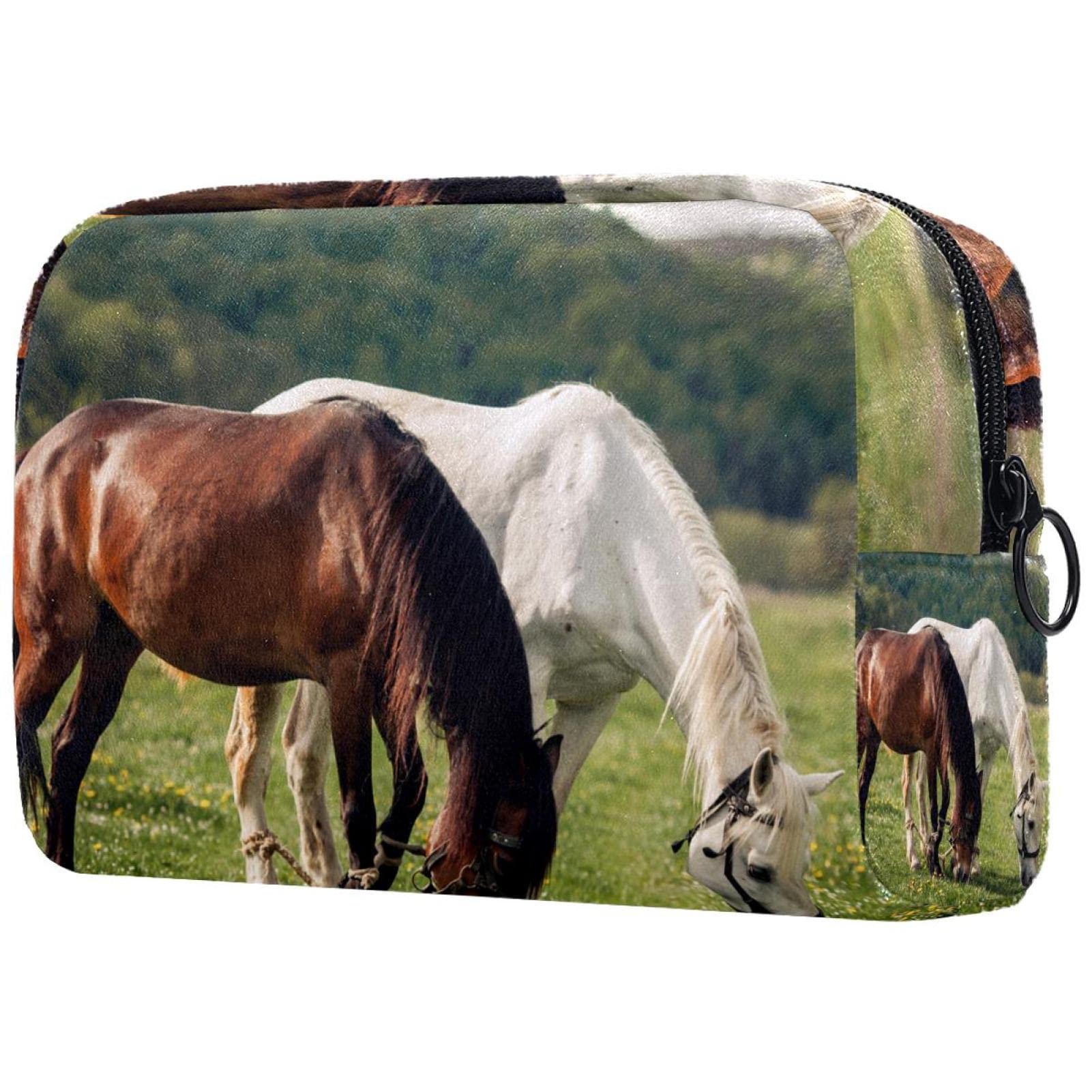 Large Travel Makeup Bag with Zipper - Versatile Cosmetic Organizer for Women & Girls, Brown and White Horse Print - Perfect for Travel, Gym, and Daily Use