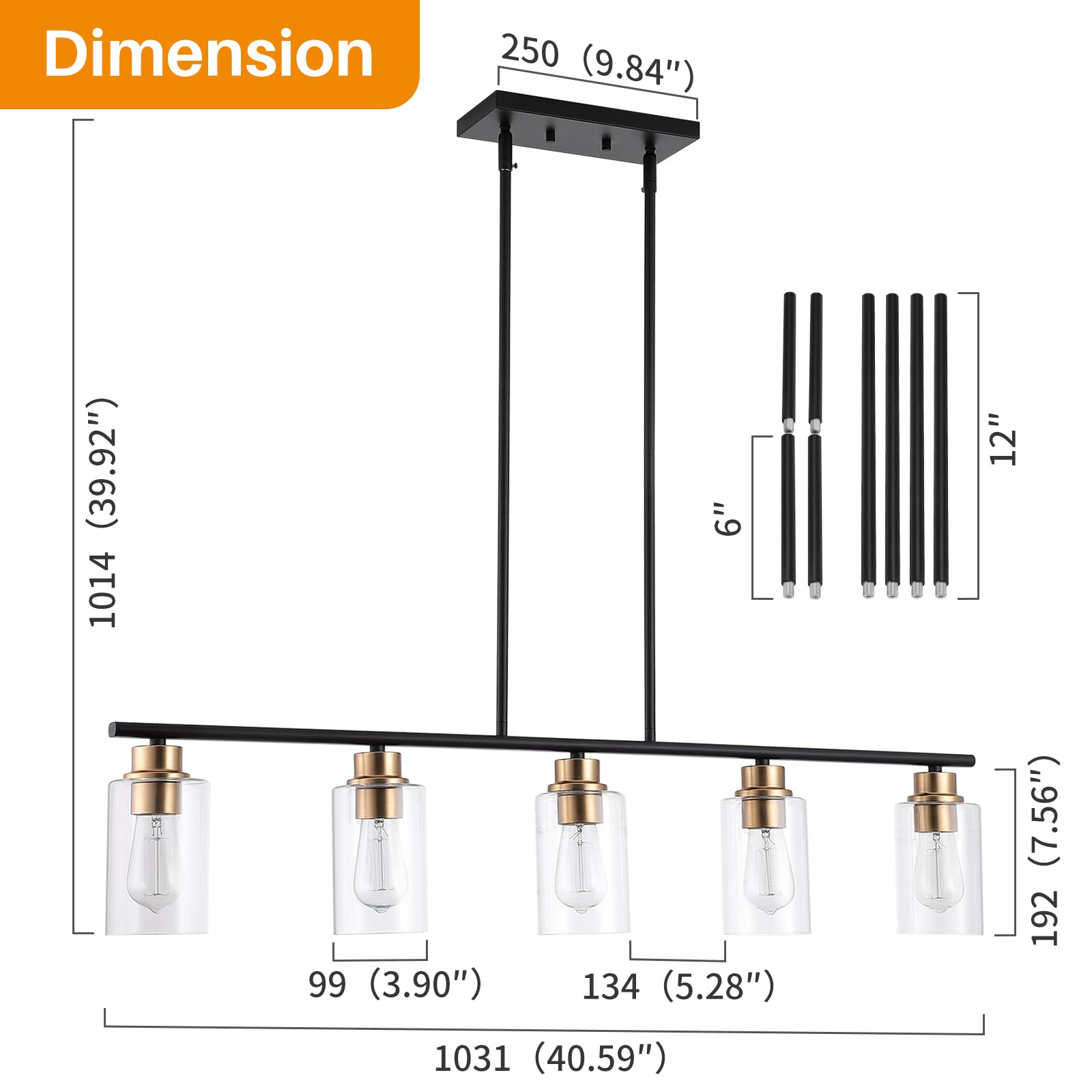 5-Light Farmhouse Industrial Pendant Lighting for Kitchen Island - Matte Black & Gold with Clear Glass Shade - Perfect for Dining Room, Living Room & Kitchen Decor