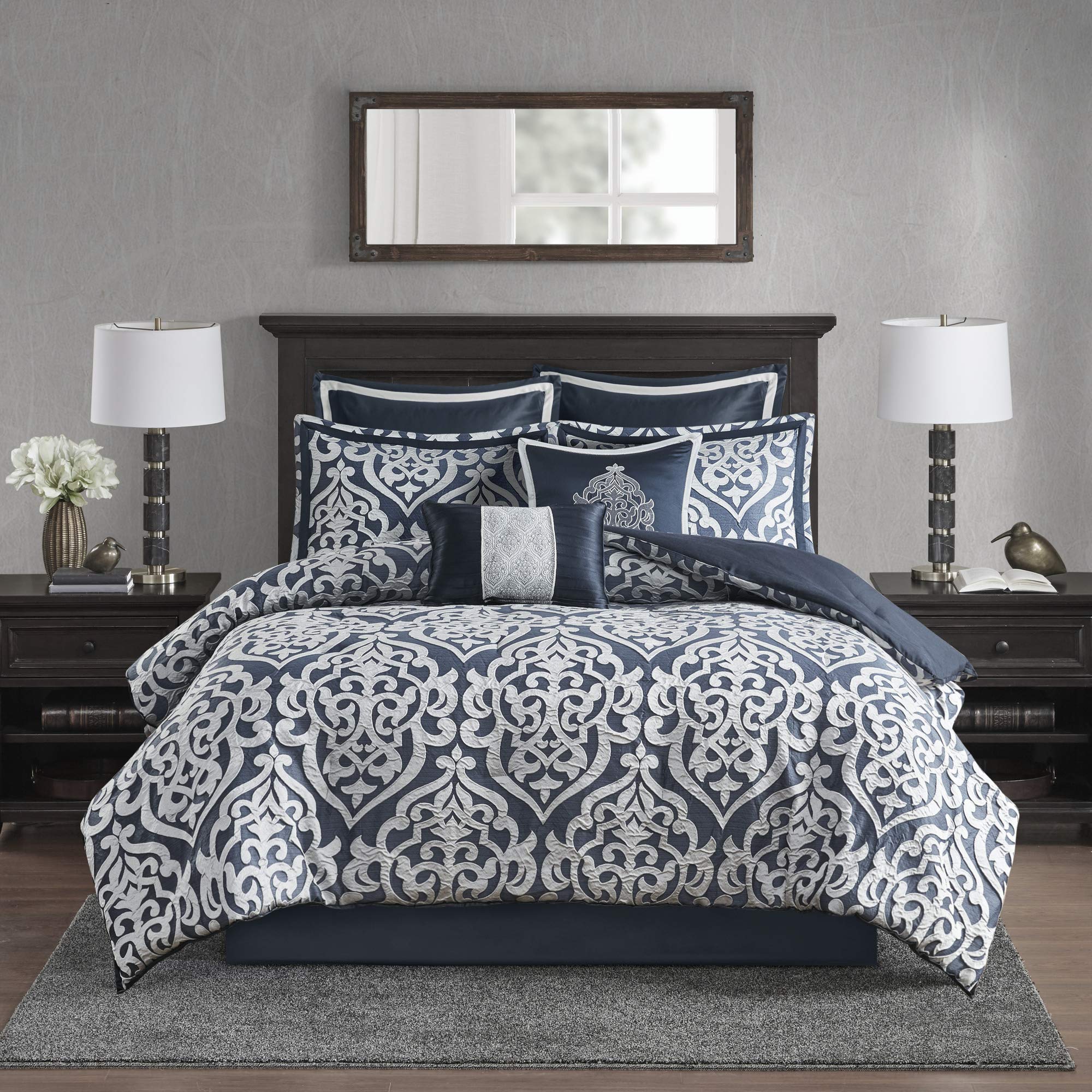 Madison Park Odette Jacquard Damask Comforter Set - Modern All Season Down Alternative Bedding with Shams & Decorative Pillows, Cal King (104