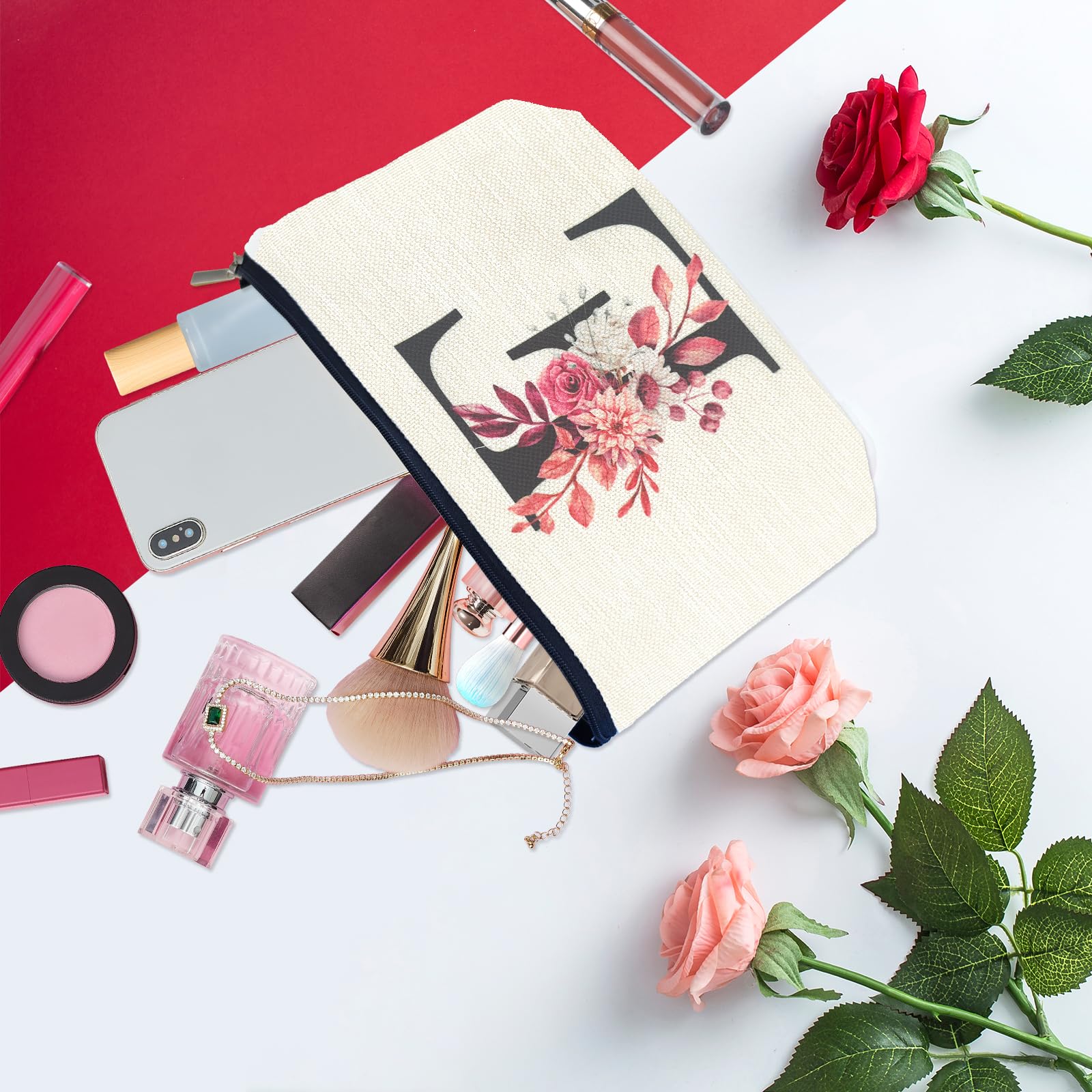 Personalized Floral Monogram Makeup Bag - Custom A-Z Initial Cosmetic Pouch for Women, Mom, Best Friend, Bride, Bridesmaid & Grandma | Perfect Birthday, Mother's Day, Christmas Gift | Travel-Friendly Small Cosmetic Bag for Weddings, Vacations & Everyday Use
