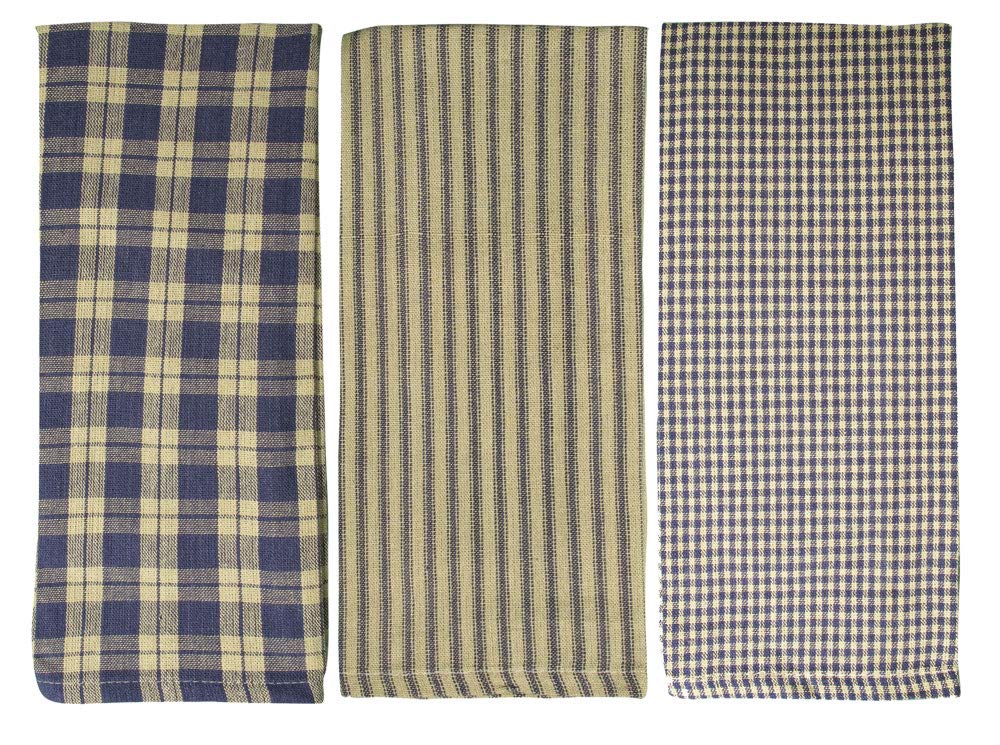Blue Farmhouse Kitchen Towels Set of 3 - Navy Striped Buffalo Check Cotton Dish Towels 15”x25” for Drying, Decor & Farmhouse Style Kitchen