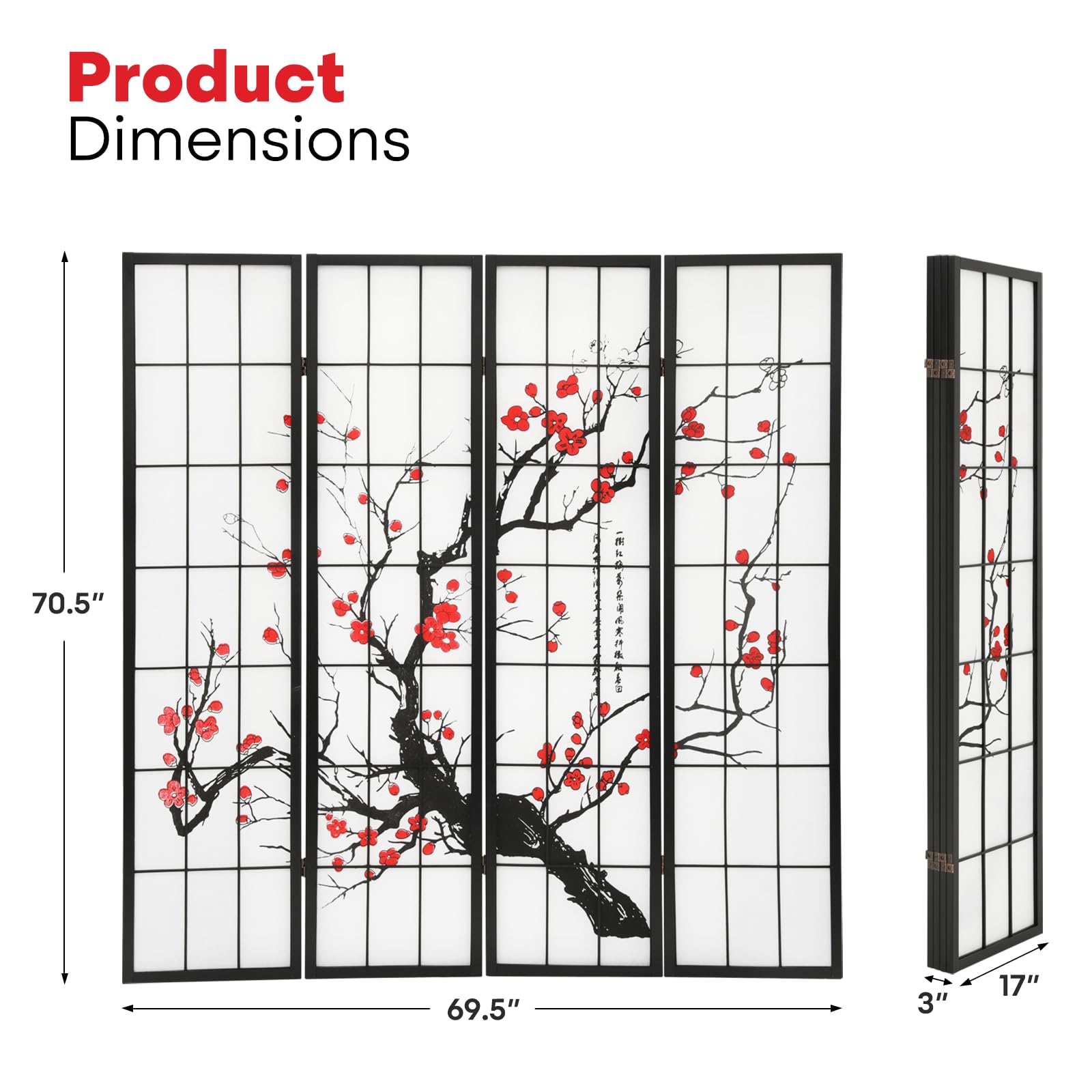 4 Panel Chinese Style Room Divider - Freestanding Privacy Screen with Plum Blossom Design for Bedroom, Office & Dressing Area | Temporary Wall Partition & Space Separator