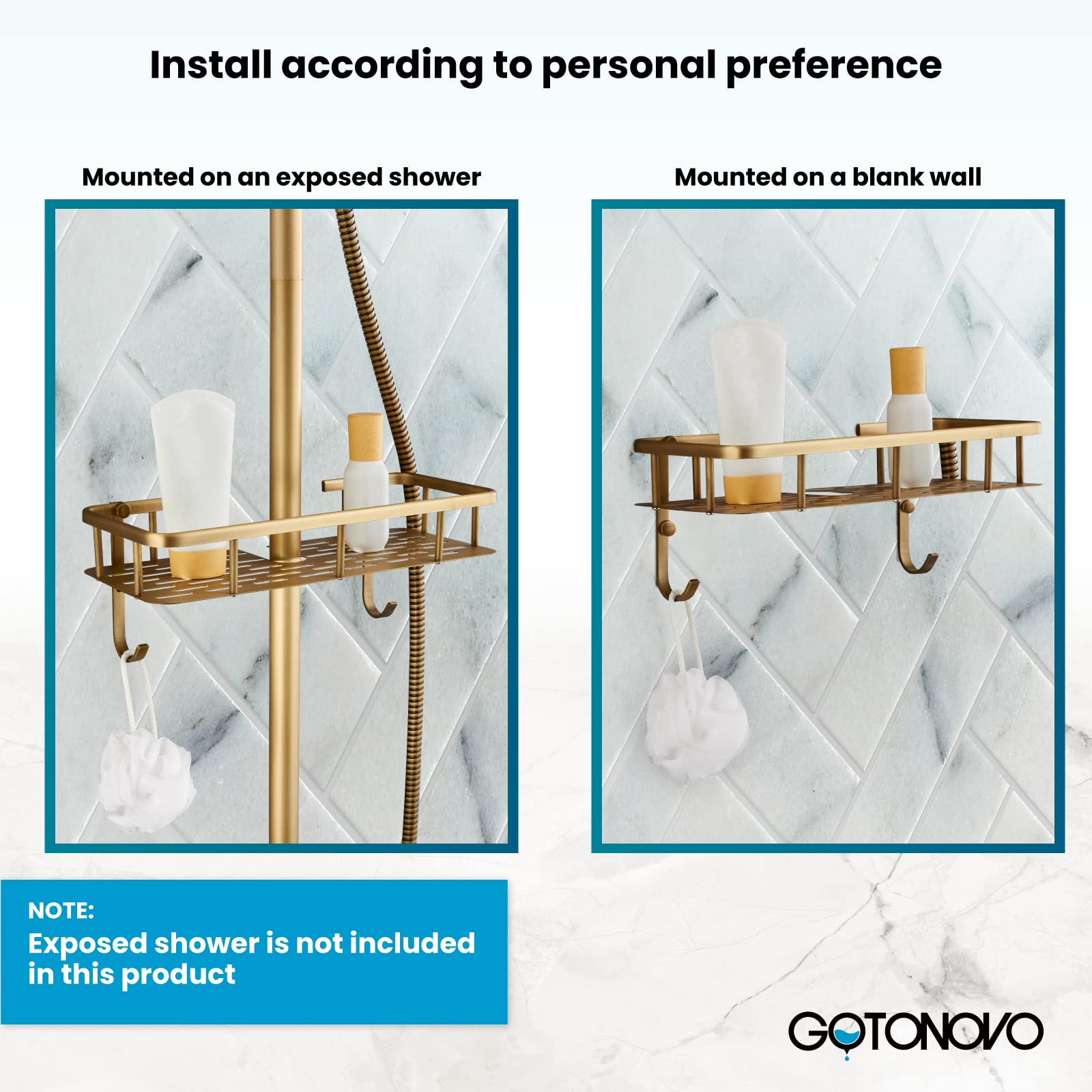 Gotonovo Solid Brass Wall Mount Shower Shelf - Single Layer Antique Brass Bathroom Storage Rack for Shampoo, Soap & Essentials - Perfect for Small Bathrooms & Showers