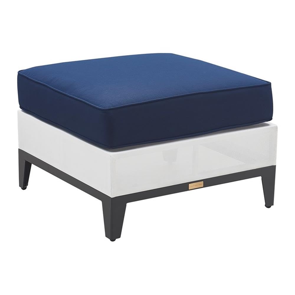 Tommy Hilfiger Hampton Outdoor Ottoman - Coastal White & Navy Stripe - Weather-Resistant Patio Furniture for Poolside, Deck or Garden Relaxation