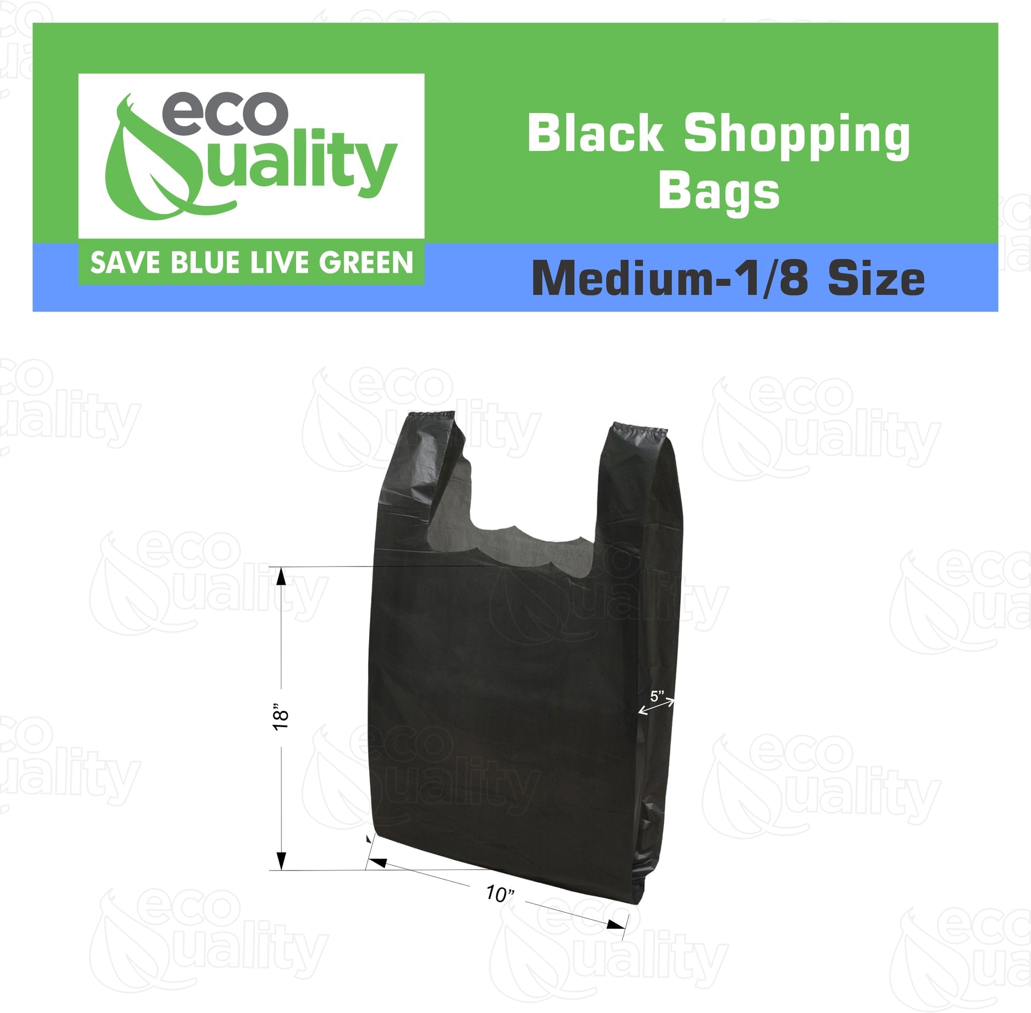 EcoQuality Plastic Black T-Shirt Bags 5000ct - 1/8 Size Shopping Bags, Grocery Bags & Poly Bags (10x5x18 in, 13 Micron) - Reusable Multi-Purpose Carry Out Bags for Retail Stores, Supermarkets & Food Packaging
