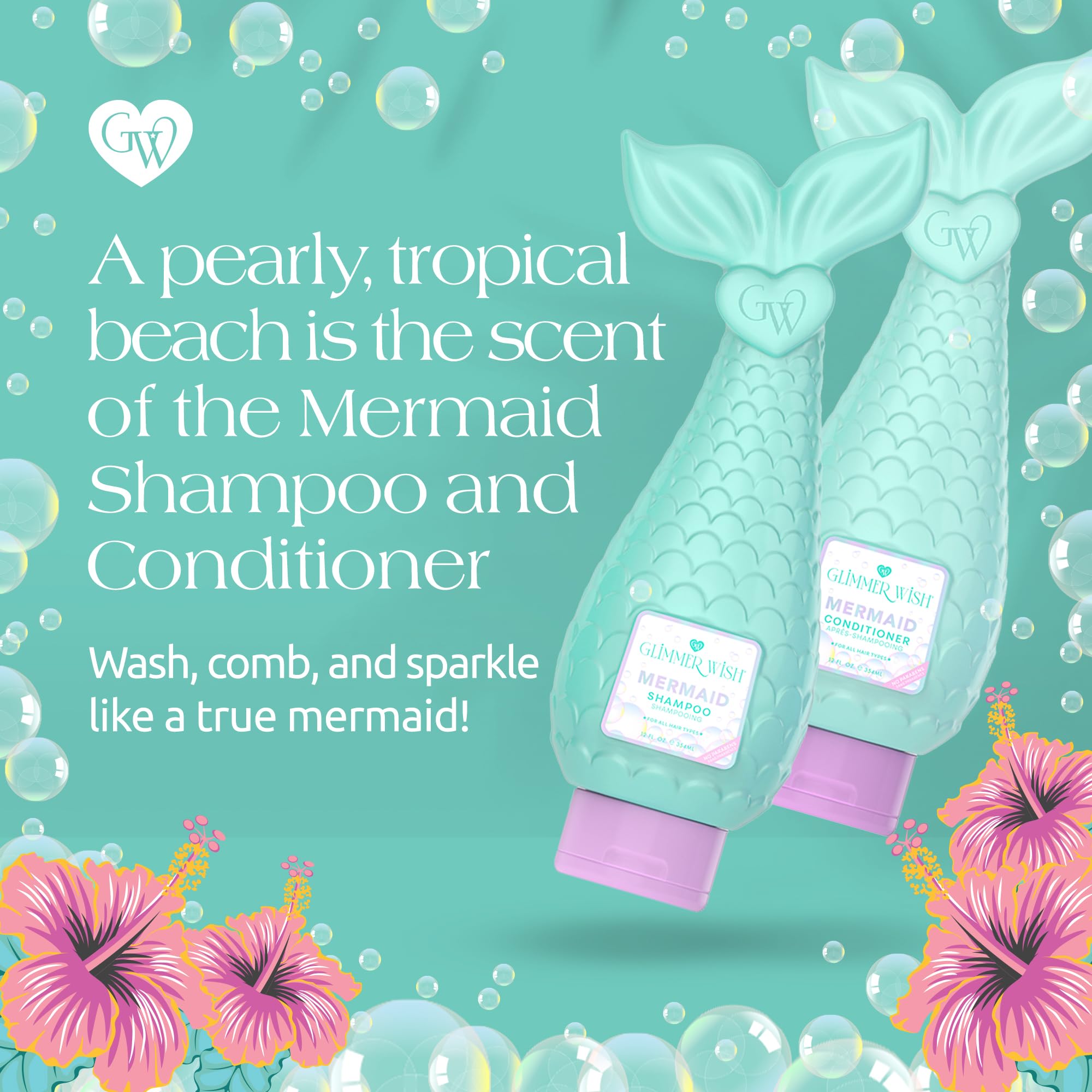 Glimmer Wish Premium Mermaid Shampoo & Conditioner Set - Tropical Beach Scent, Sulfate Free, Vegan & Cruelty Free Hair Care (12 Fl Oz x2) for Soft, Shiny Hair - Perfect for Beach Days, Pool Parties & Summer Vacations