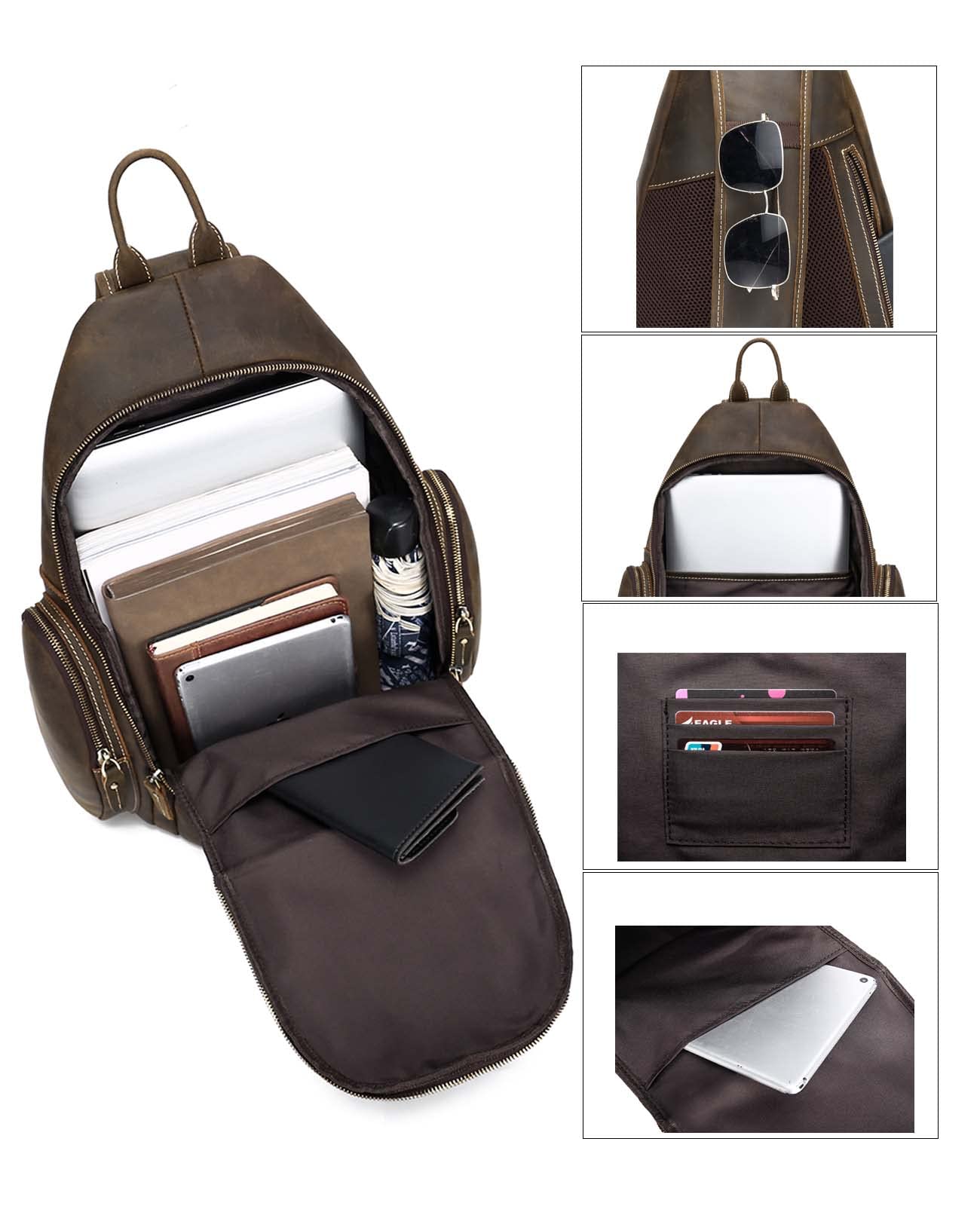 Premium Full Grain Genuine Leather Crossbody Sling Bag - Fits 14 Inch Laptop, 17L Capacity Travel Backpack for Men & Women - Brown - Perfect for Work Commute, Weekend Getaways & Daily Essentials