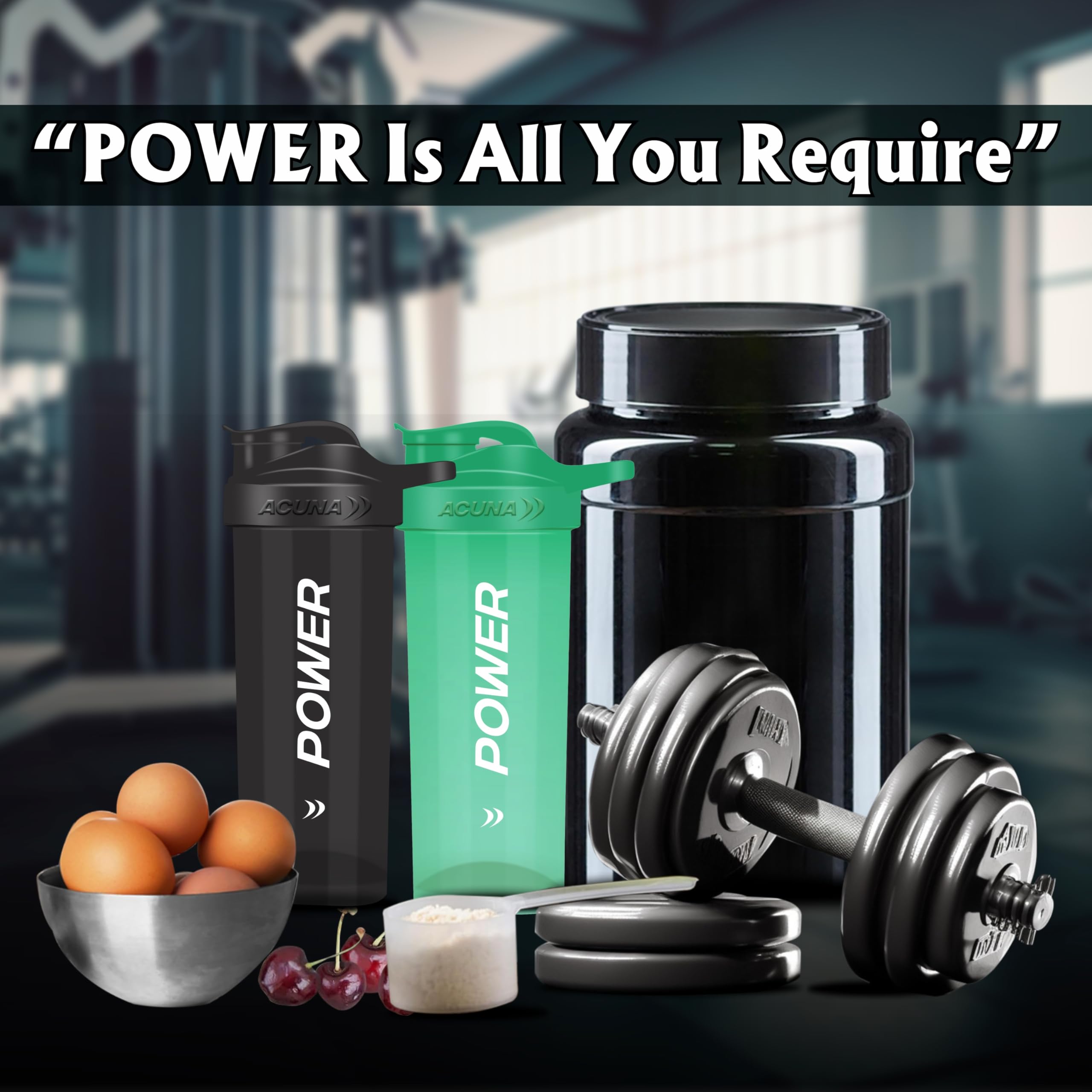 ACUNA POWER 700ml Protein Shaker Bottle - BPA Free, Leak Proof, Secure Screw Cap - Ideal for Gym, Workout & Sports Nutrition (2 Pack, Black) - Perfect for Protein Powder, Pre-Workout & Meal Replacement Drinks