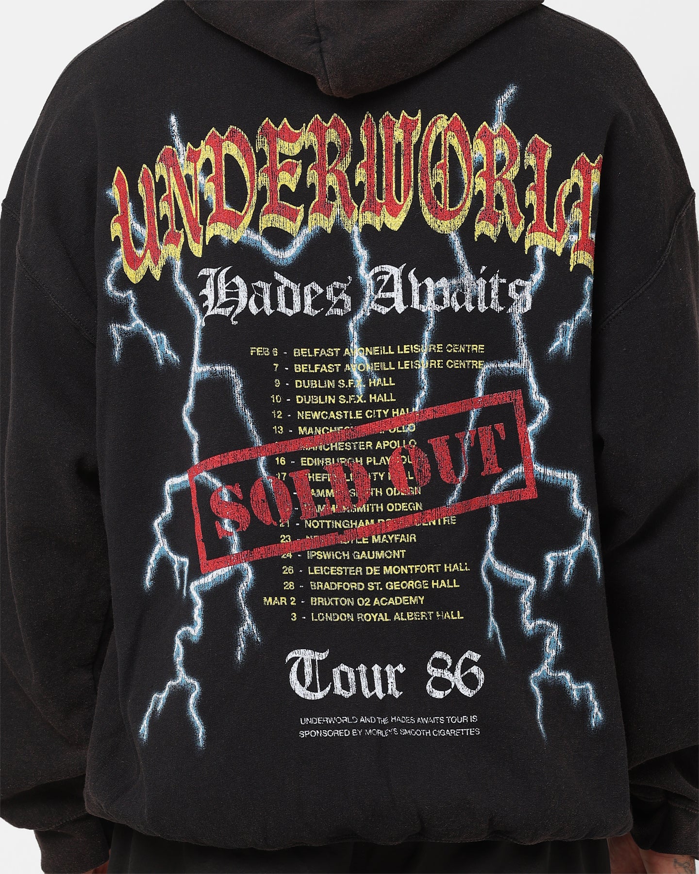 Vintage American Thrift Underworld Tour Hoodie - Distressed Black Wash | Streetwear Fashion for Concerts & Urban Style