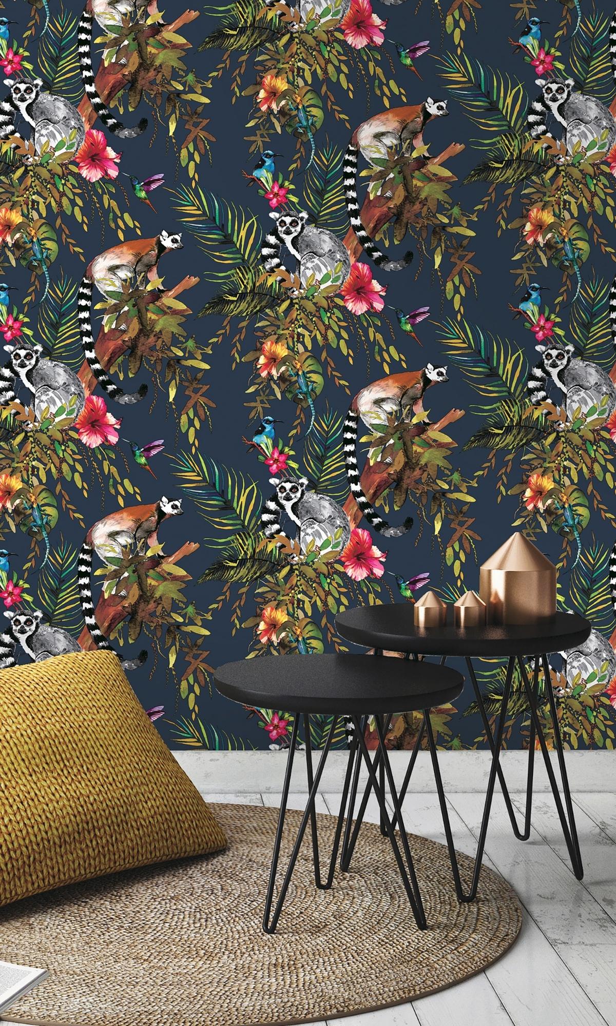 Blue Lemur in Tropical Rainforest Floral Wallpaper R7638 - Nature-Inspired Home Decor for Living Room & Bedroom
