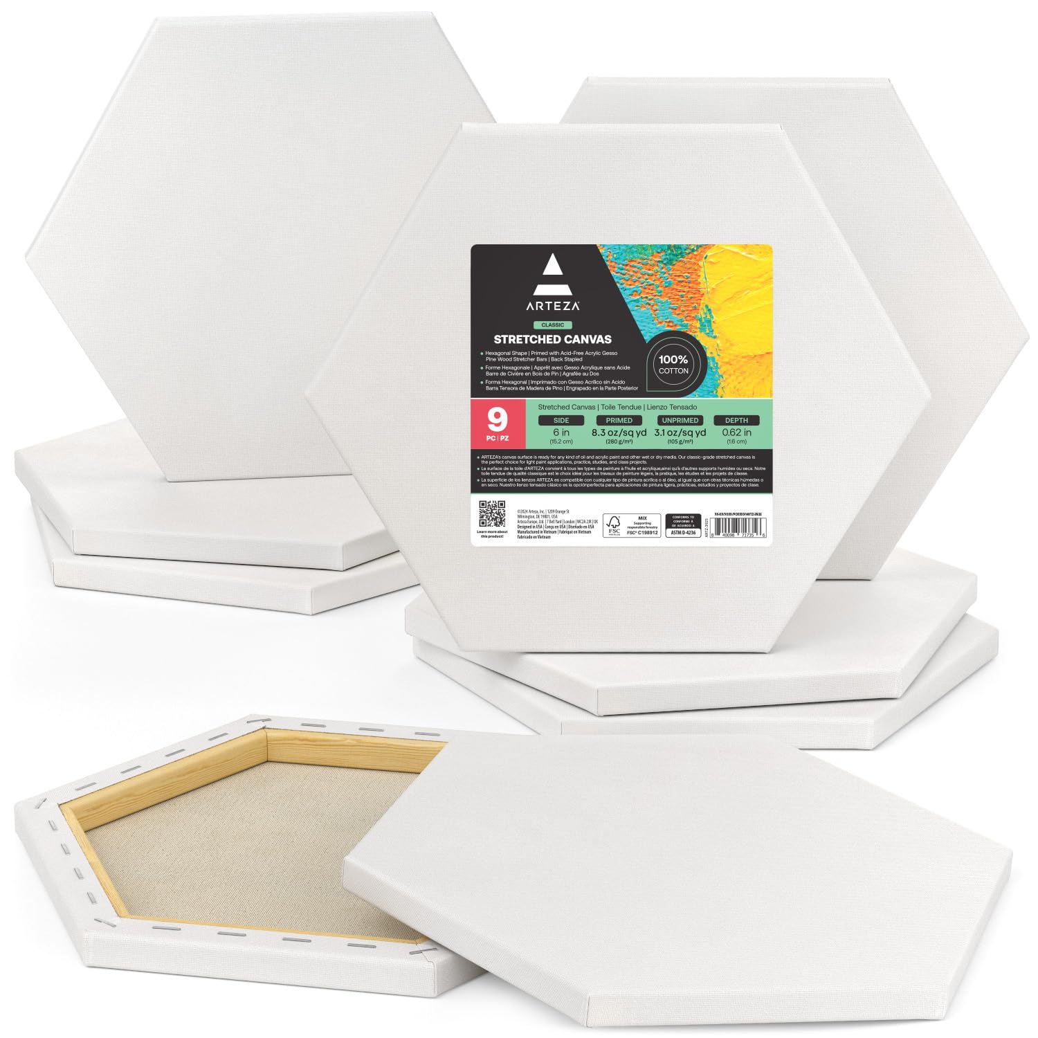 ARTEZA 6 Inch Hexagonal Stretched Canvas - Pack of 9 White Blank Artist Panels for Acrylic, Oil & Gouache Painting - Perfect for Studio Art, Home Decor & DIY Craft Projects