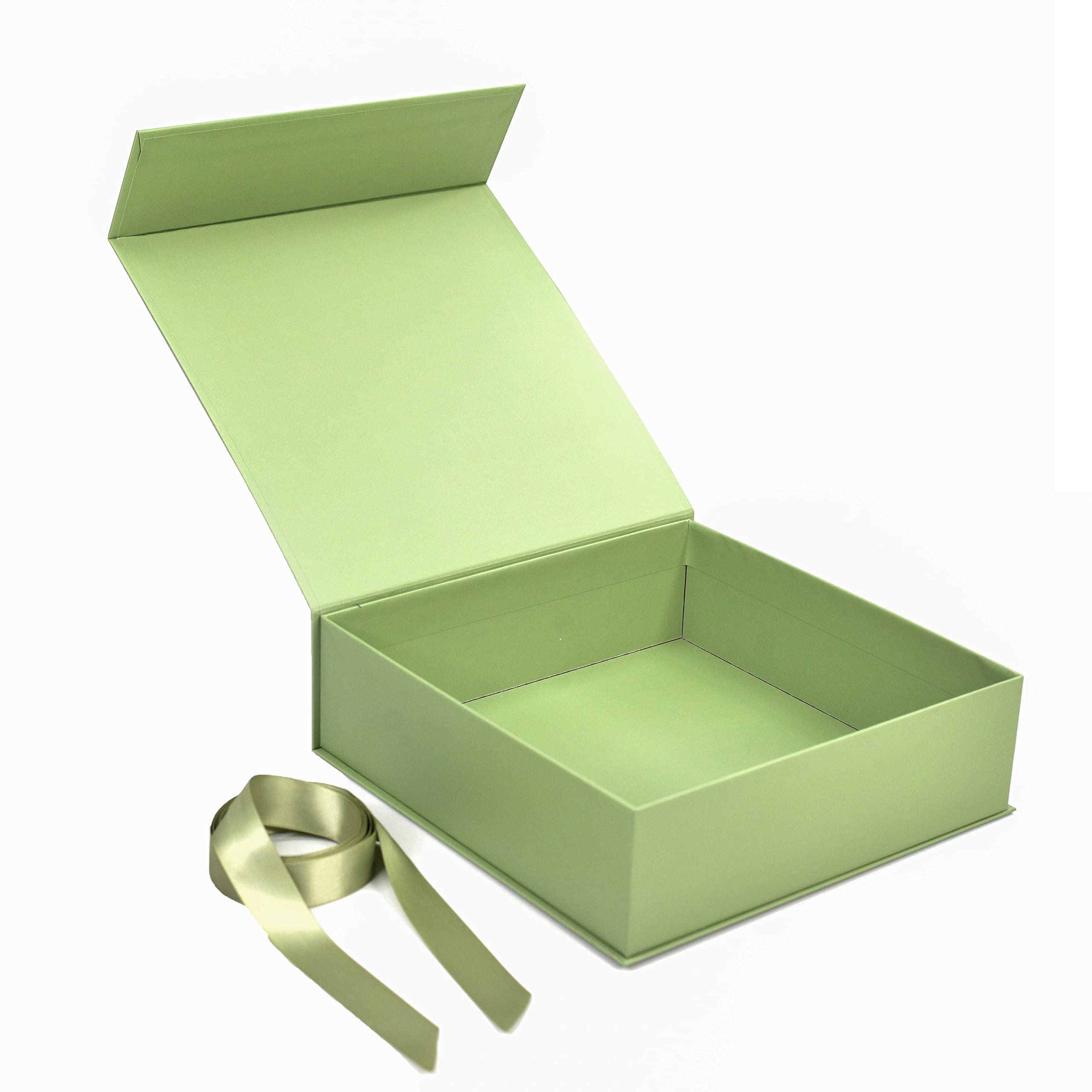 Premium Green Gift Box with Satin Ribbon - 26x26x8cm Reusable Rigid Cardboard Hamper Box for Packaging, Weddings, Birthdays & Corporate Gifting (Includes 2.5m Spring Moss Satin Ribbon) - Eco-Friendly Gift Packaging Solution
