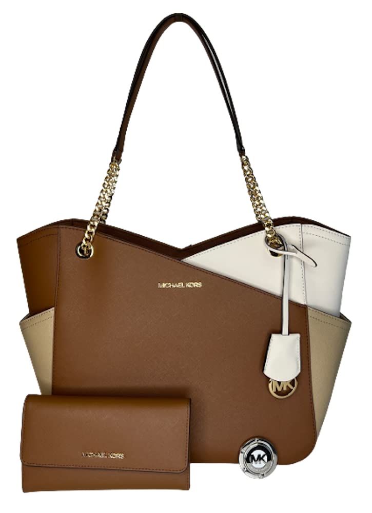 Michael Kors Jet Set Travel Large Chain Shoulder Tote & Matching Trifold Wallet Set - Stylish Women's Leather Handbag Purse for Work, Travel and Everyday Use