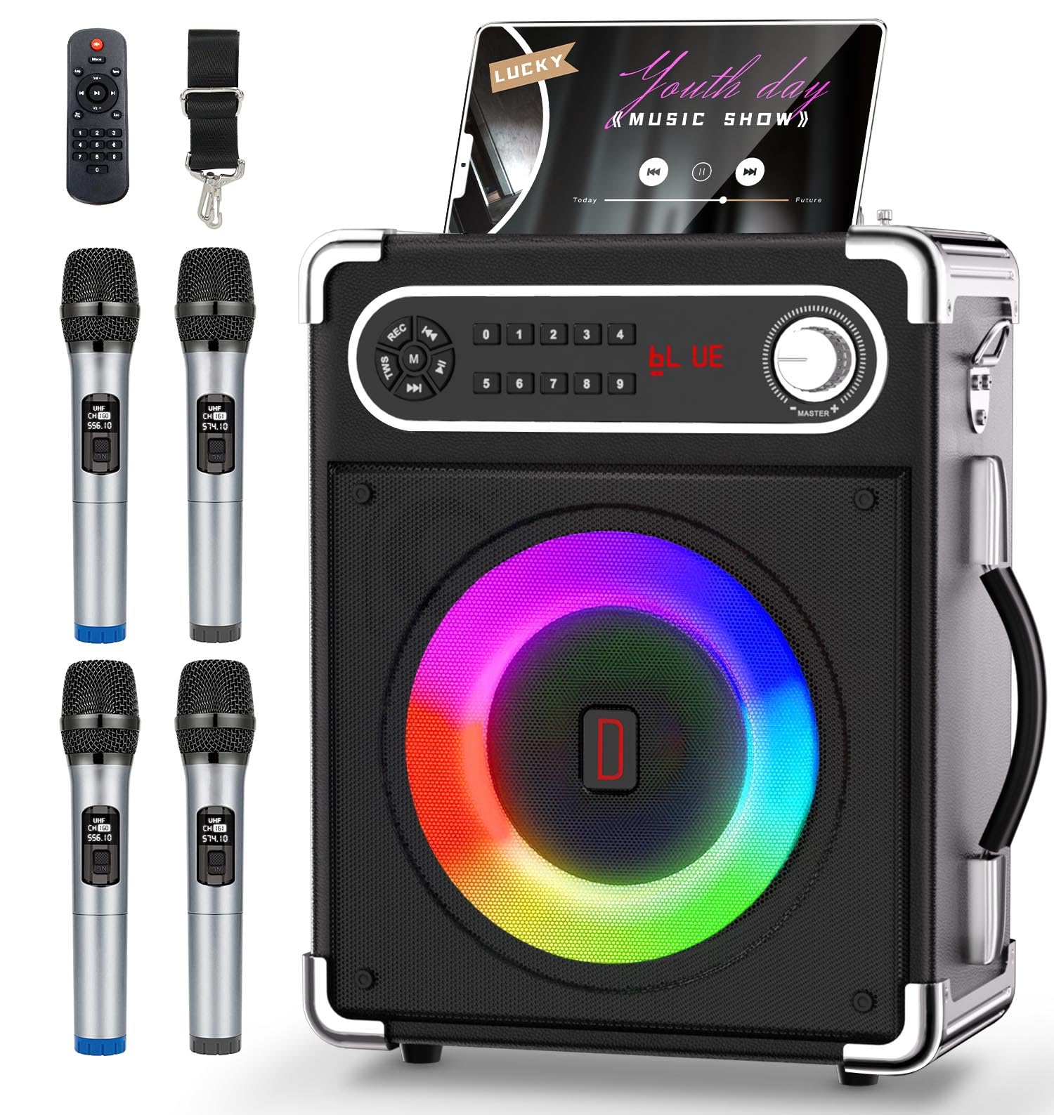 Portable Karaoke Machine with 4 Wireless Microphones - Bluetooth 5.1 Speaker with Bass/Treble Control, PA System, Remote, LED Lights, TF/USB/AUX Input, TWS, FM Radio, Recording - Perfect for Home Parties, Family Gatherings & Outdoor Events