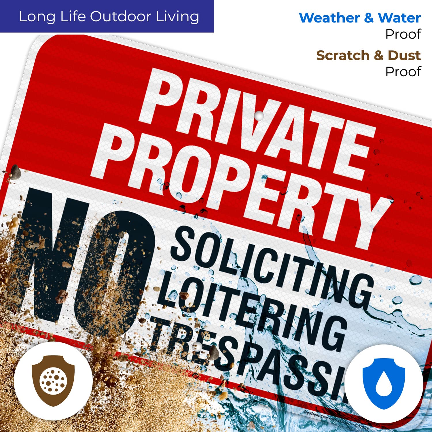 Private Property Sign - No Soliciting, No Loitering, No Trespassing - 12x18 Inches Reflective Aluminum Sign - 3M EGP Coating, Fade Resistant - Easy Mounting for Indoor/Outdoor Use - Made in USA - Perfect for Homes, Farms, Warehouses & Business Properties