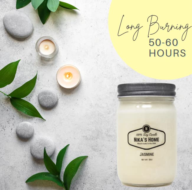 Nika's Home 12oz Jasmine Soy Candle in Mason Jar - Non-Toxic, Hand-Poured, Long-Lasting 50-60 Hours - Highly Scented All-Natural Clean Burning Candle - Perfect for Home Decor, Relaxation & Gift Giving