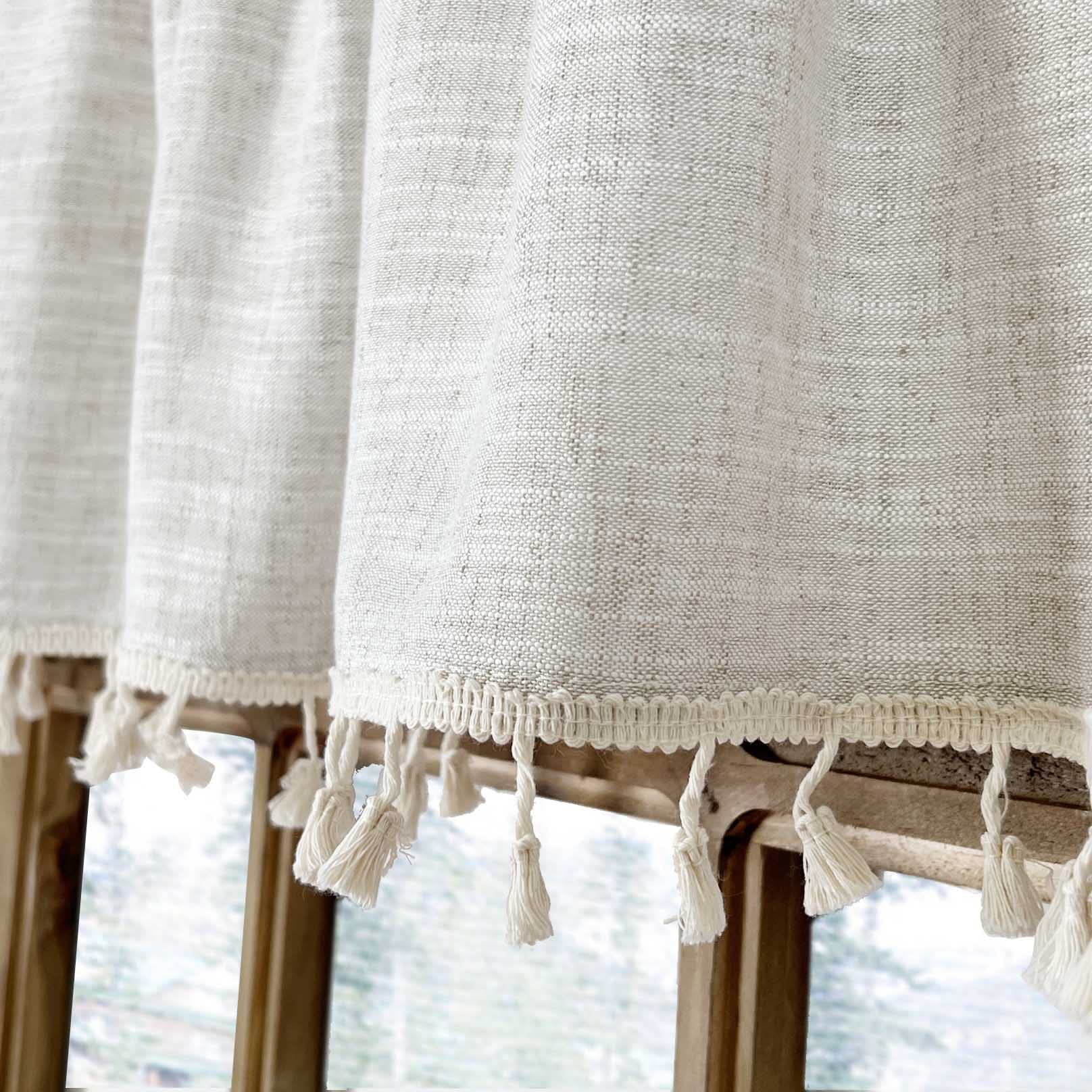 2 Pack Boho Tassel Kitchen Valances - 55x15 Inch Natural Cotton Linen Window Curtain Toppers for Modern Farmhouse, Rustic Country & Bohemian Decor - Perfect for Small Windows in Kitchen, Bathroom & Living Room