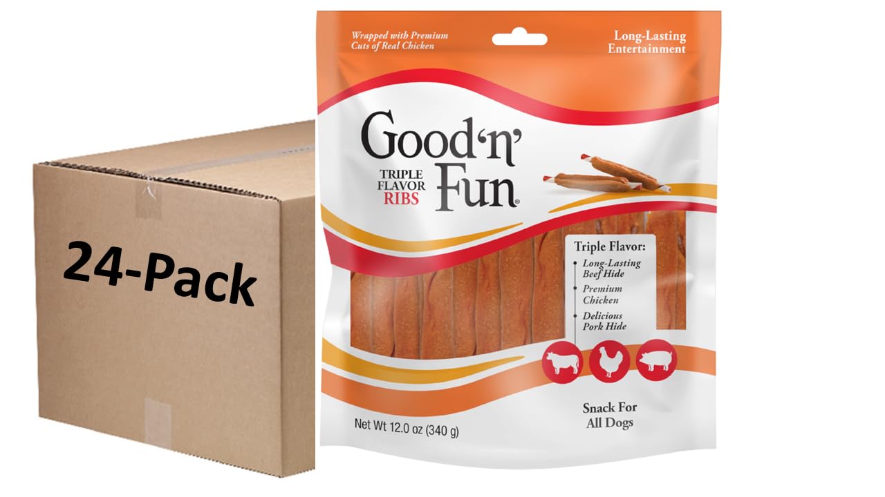 Good ‘n’ Fun Triple Flavor Dog Chews - Beef, Chicken & Pork Hide Long-Lasting Treats for All Dogs (12oz) - Perfect for Training Rewards, Dental Health & Playtime