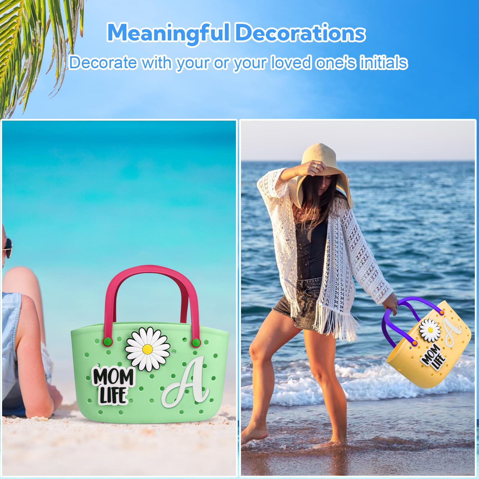 CONLI 3-Piece Letter Charms for Bogg Bag - Decorative Alphabet Inserts for Rubber Beach Tote & Handbag - Floral Accessories for Beach, Pool & Summer Outings