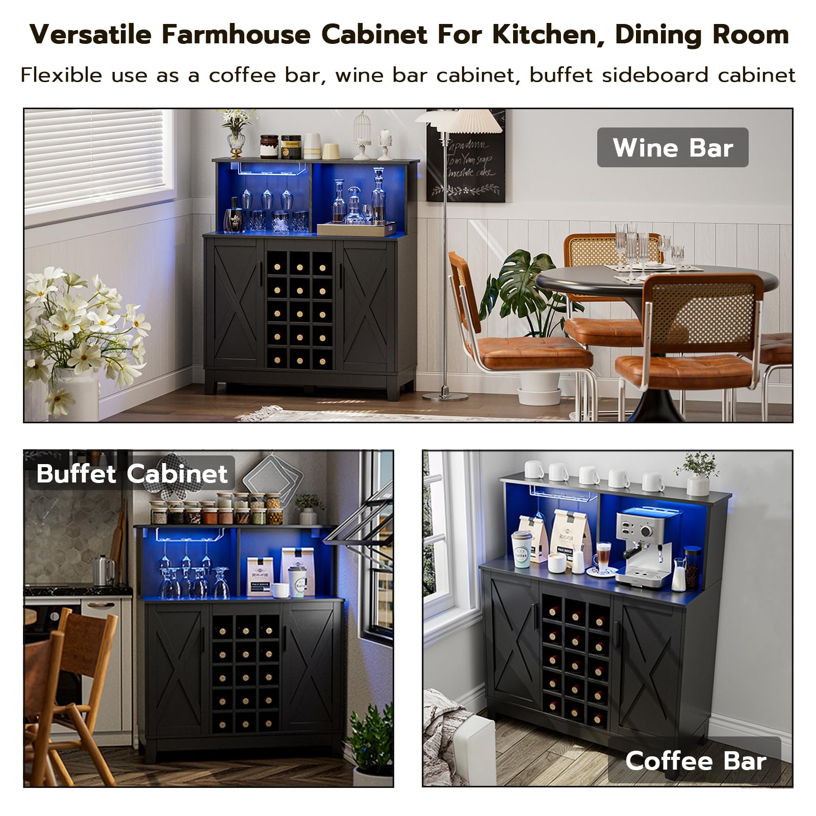 Farmhouse Coffee Bar Cabinet with LED Lights - 39