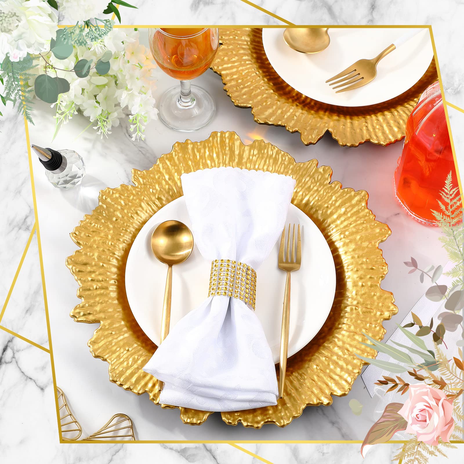 100 Pcs Gold 13 Inch Plastic Wedding Charger Plates - Floral Decorative Plates with Metallic Ruffled Rim for Wedding Party, Holiday Events & Special Occasions - Elegant Table Setting for Banquets, Bridal Showers & Anniversary Celebrations