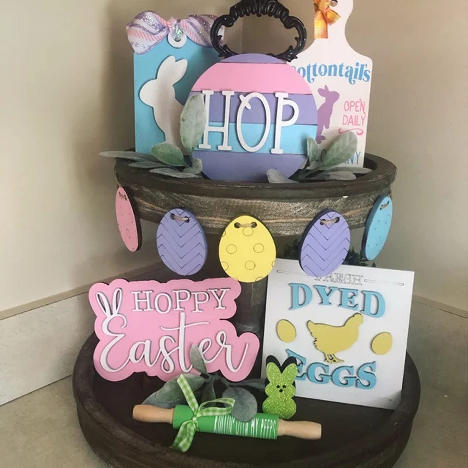 Muised 9-Piece Easter Decorations Set - Rustic Wooden Farmhouse Tiered Tray Decor with Easter Bunny & Egg Mini Wood Signs | Spring Home Decor for Easter Tables, Mantels & Entryways