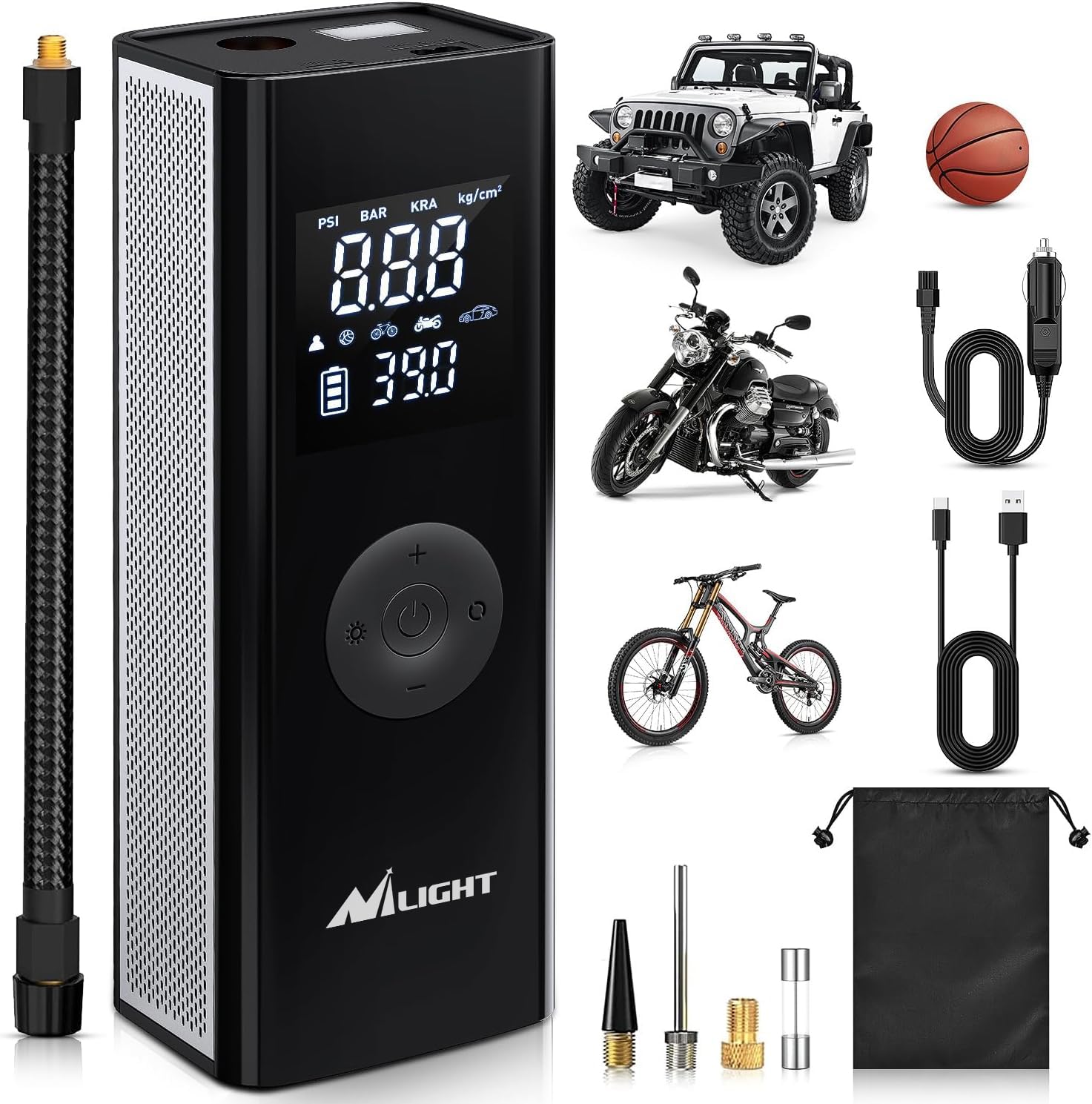 Nilight Portable Cordless Tire Inflator - 150PSI Rechargeable Air Compressor with Digital Pressure Gauge, 12V DC Battery Powered for Fast Inflation - Ideal for Cars, Motorcycles, Bikes & Emergency Roadside Use