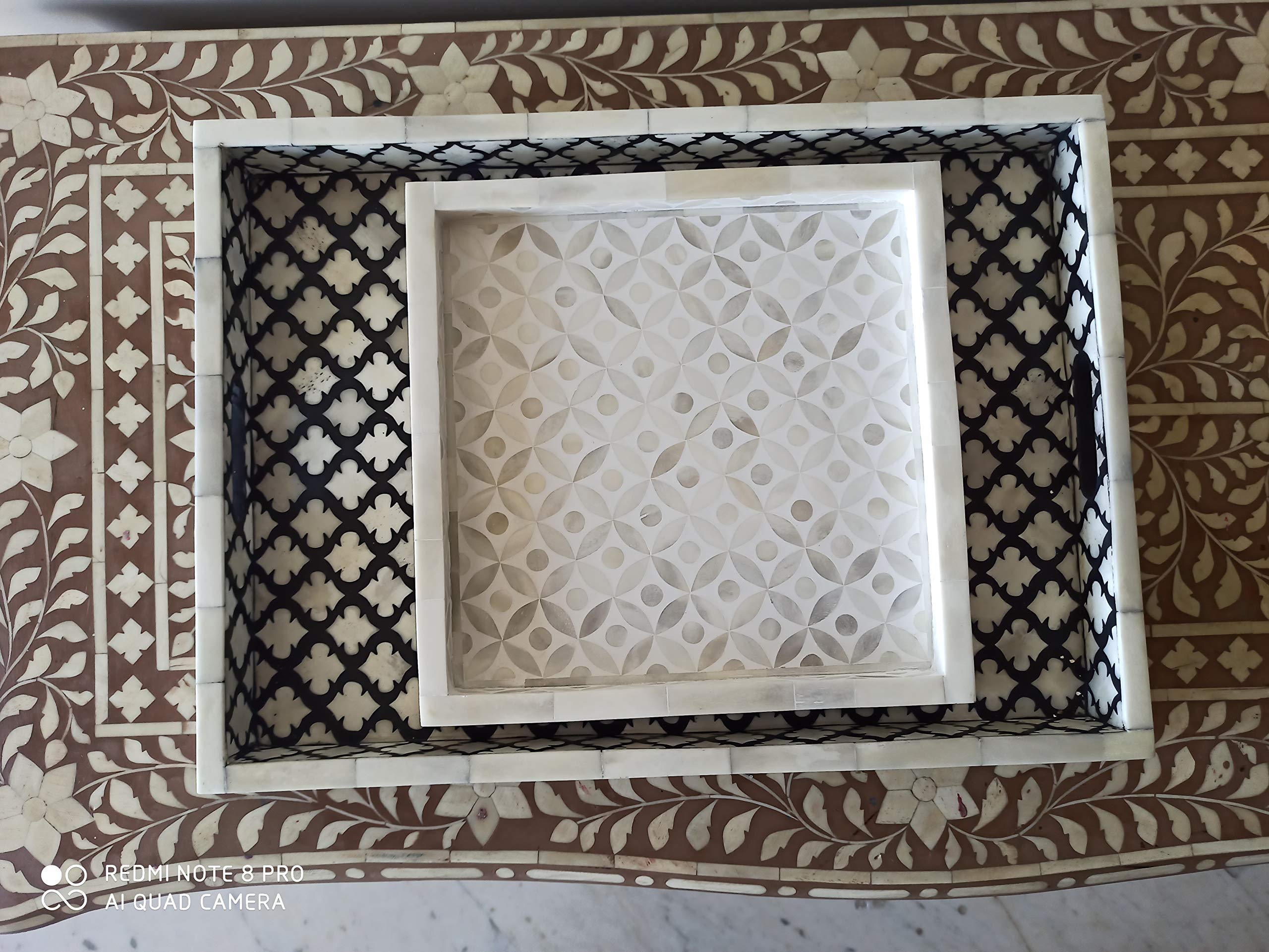 Handcrafted Antique Bone Inlay Serving Tray - White Wooden Decorative Ottoman Tray for Breakfast in Bed, Coffee Table Decor & Home Accessories | Fairdeal Handicrafts