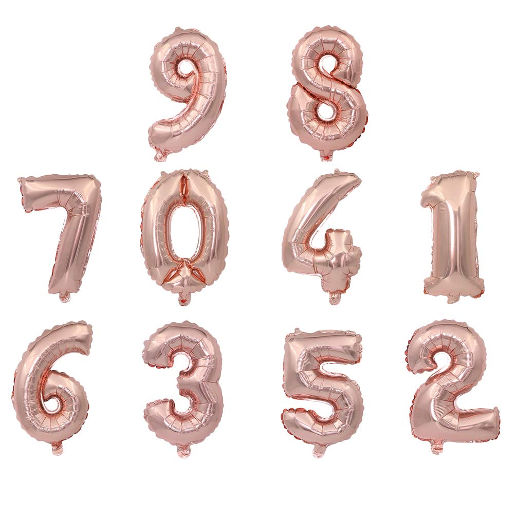 Amosfun Large 0-9 Rose Gold Number Balloons - 10 Pack Aluminum Foil Balloons for Birthday, Wedding, Baby Shower Decorations - Perfect for Party Backdrops, Photo Booths, and Room Decor