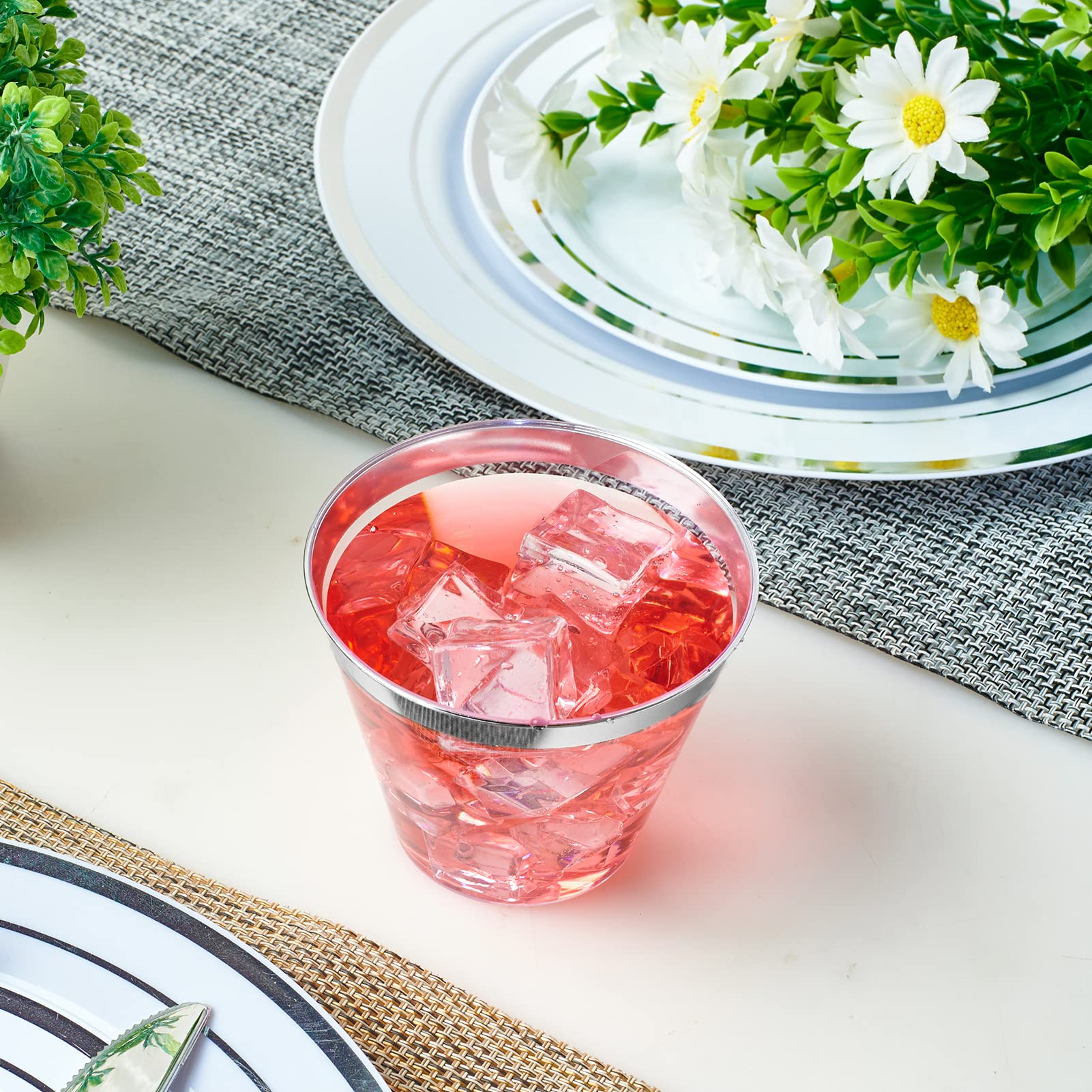 JOLLY CHEF 100 Pack 9 oz Clear Plastic Cups with Elegant Silver Rim - Disposable Silver Tumblers for Wedding, Party, Thanksgiving & Christmas - Perfect for Cocktails, Beverages and Celebrations