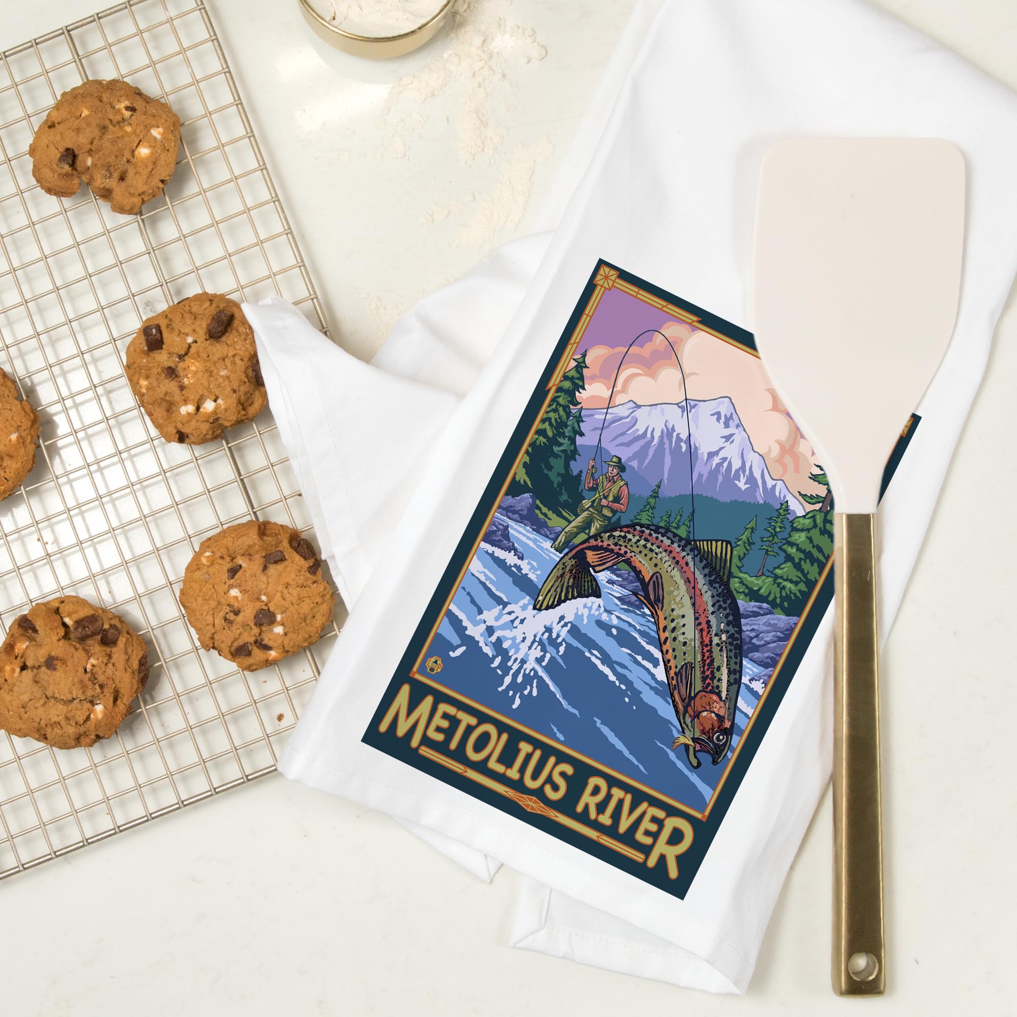 Lantern Press Metolius River Oregon Fisherman Cotton Tea Towel - 100% Cotton Decorative Hand Towel for Kitchen, Home Decor & Gifts | Perfect for Drying Dishes, Decorating Farmhouse Kitchen, and Hostess Gifts