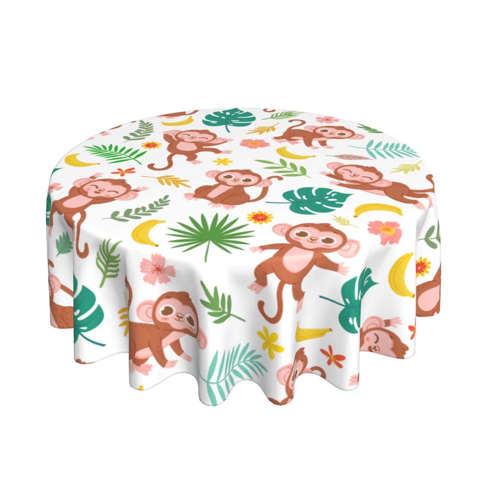 60 Inch Round Monkey Themed Tablecloth - Waterproof Spill Proof Table Cover with Baby Monkey, Banana & Tropical Leaves Design for Birthday Party, Picnic, Camping, Dinner & Outdoor Decor