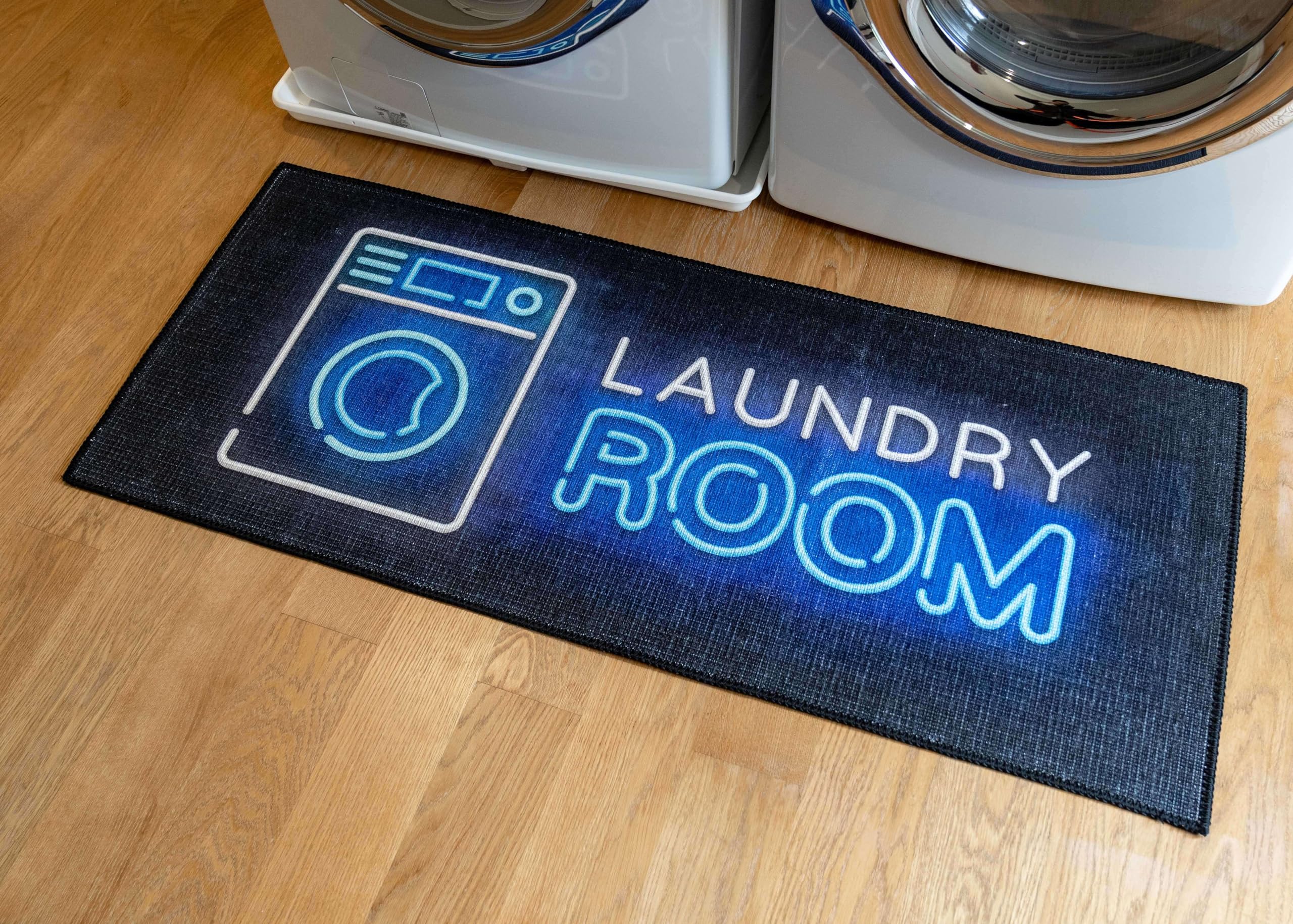 Benissimo Soft Woven Cotton Laundry Room Rug 24x56 - Non-Slip Machine Washable Runner Mat for Bathroom, Kitchen & Laundry - Funny Neon Design Home Decor for High Traffic Areas