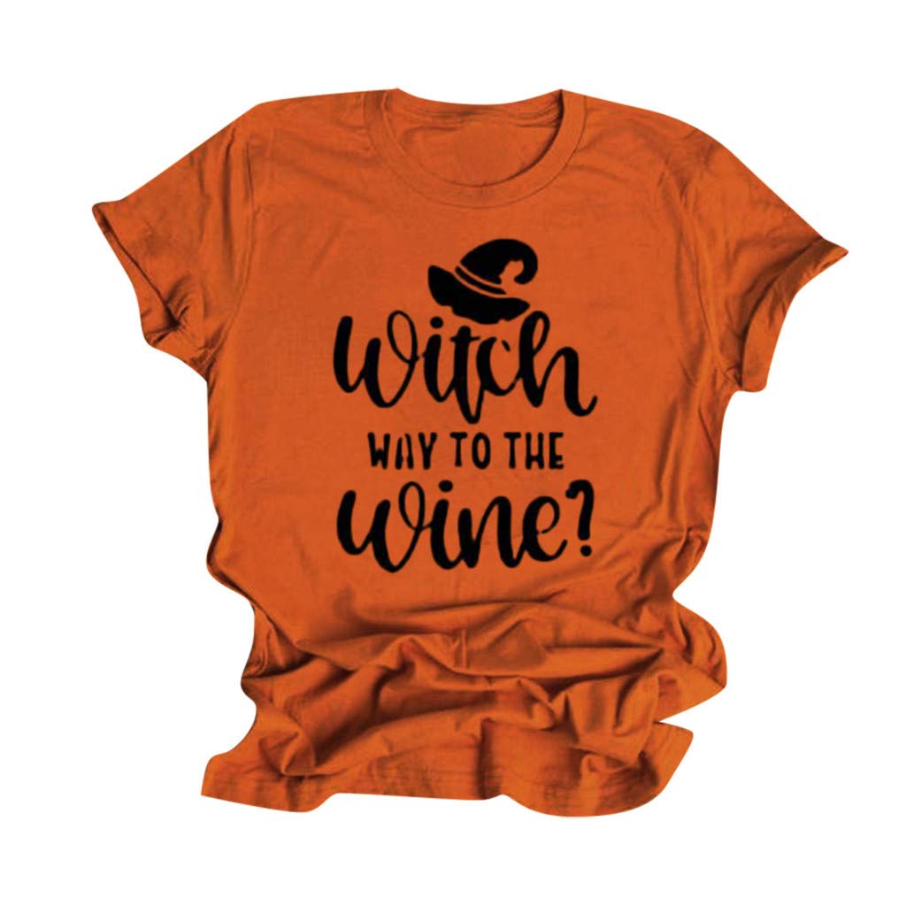 Women's Short Sleeve T-Shirt - Summer Casual Round Neck Tee with 'Witch Way To The Wine' Letter Print - Perfect for Wine Tasting, Girls Night Out & Casual Summer Outfits