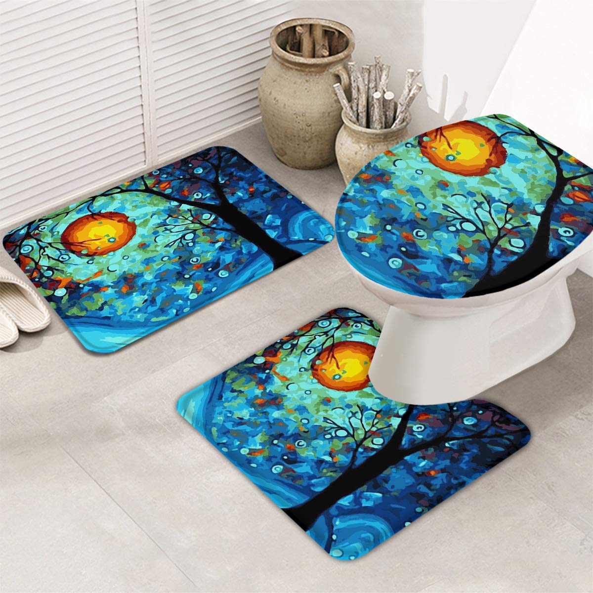 **Non-Slip Halloween Pumpkin Bath Rugs Set of 3 - Absorbent, Washable Bathroom Mats with U-Shaped Toilet Mat & Lid Cover - Dream Tree Design for Bathroom & Home Decor (Halloween, Fall, Thanksgiving Season)**