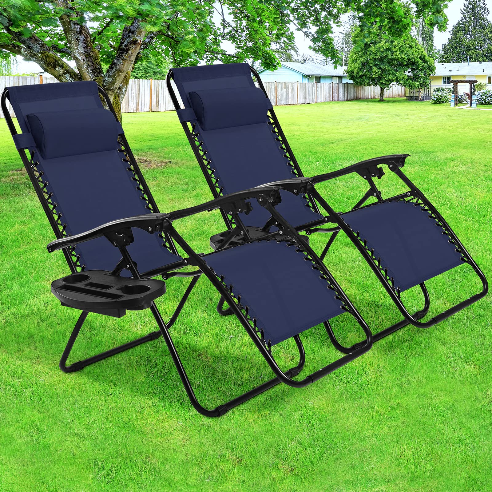 Premium Zero Gravity Recliner Chair Set of 2 - Adjustable Outdoor Lounge Chairs with Removable Headrest & Cup Holder - Portable Folding Patio Chairs for Backyard, Poolside, Beach Camping & Deck Relaxation (Blue) - Perfect for Sunbathing, Stargazing & Outdoor Lounging