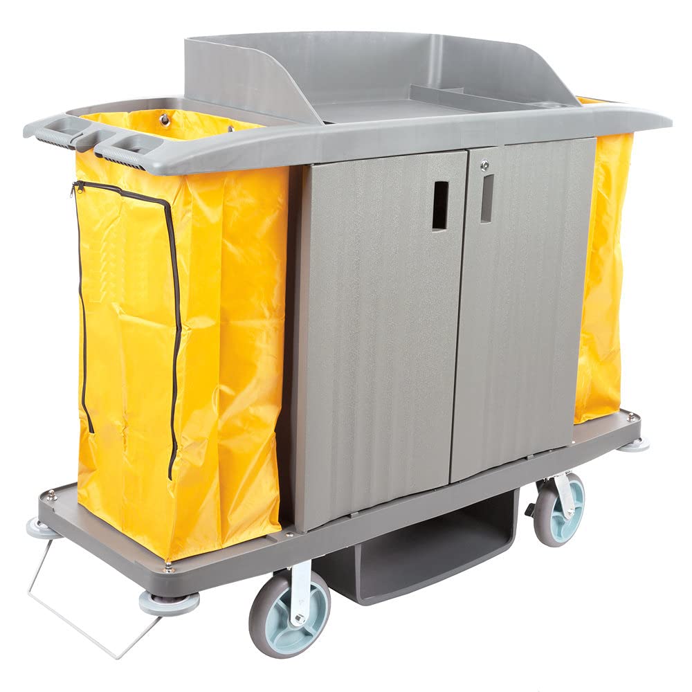 Commercial Housekeeping Cart with Locking 3 Shelves & Wheels - Includes Black Polyester Gloves | Hotel Cleaning Cart, Janitor Cart for Housekeeping & Commercial Use