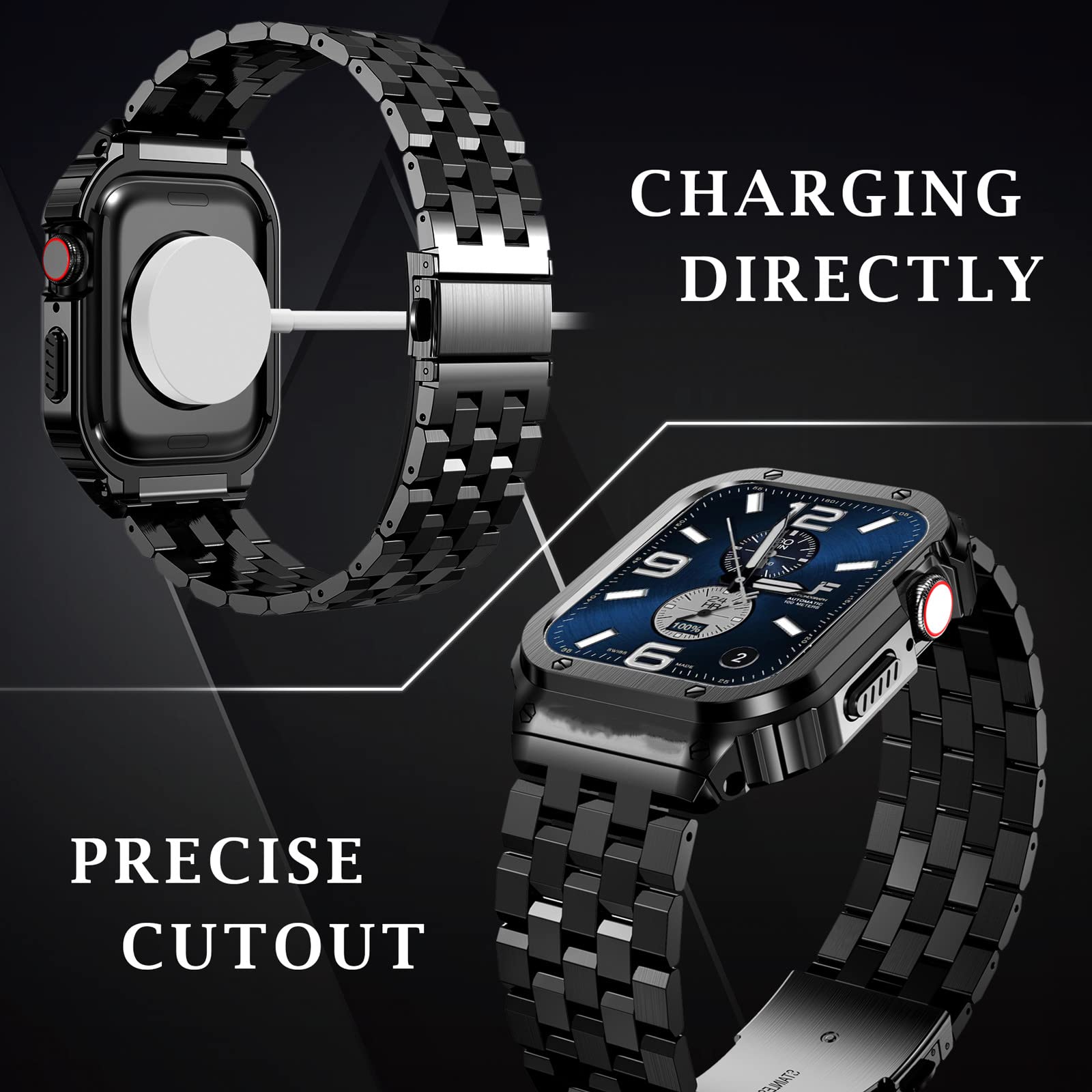 SUPLINK Stainless Steel Band & Protective Case for Apple Watch 40mm 41mm 38mm - Rugged Metal Cover Bumper Strap Compatible with iWatch Series 9/8/7/6/5/4/3/2/1/SE - Durable Unisex Design in Black | Perfect for Outdoor Activities, Workouts & Everyday Wear