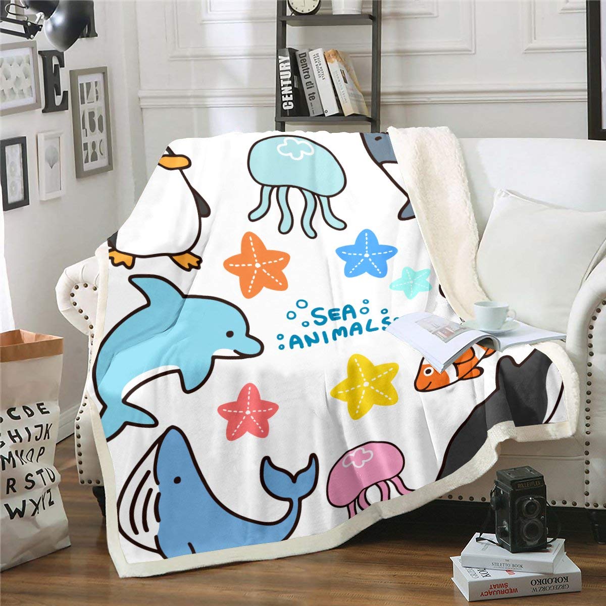 Ocean Shark Fleece Blanket for Kids - Soft Sherpa Twin Size 60