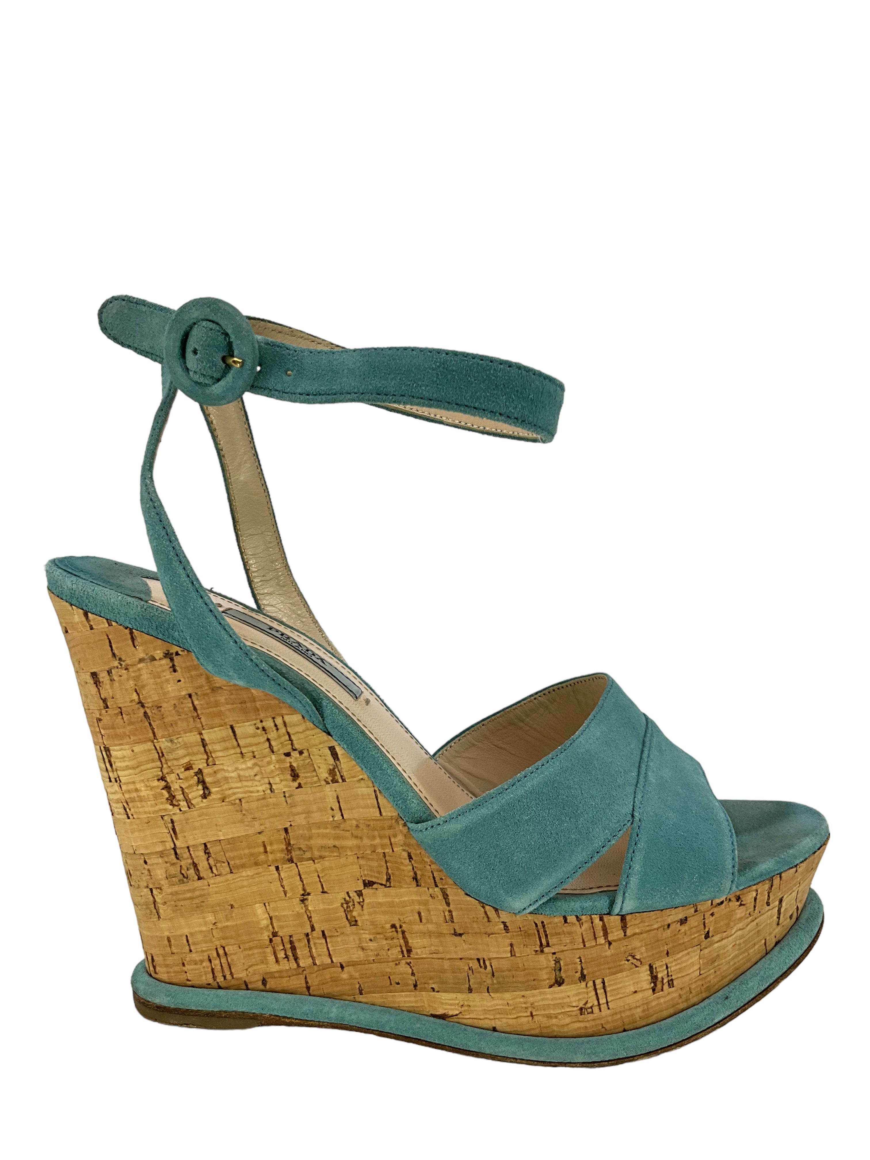 Prada Women's Strappy Suede Cork Platform Sandals - Size 9 | Luxury High Heel Summer Shoes for Parties, Weddings & Date Nights
